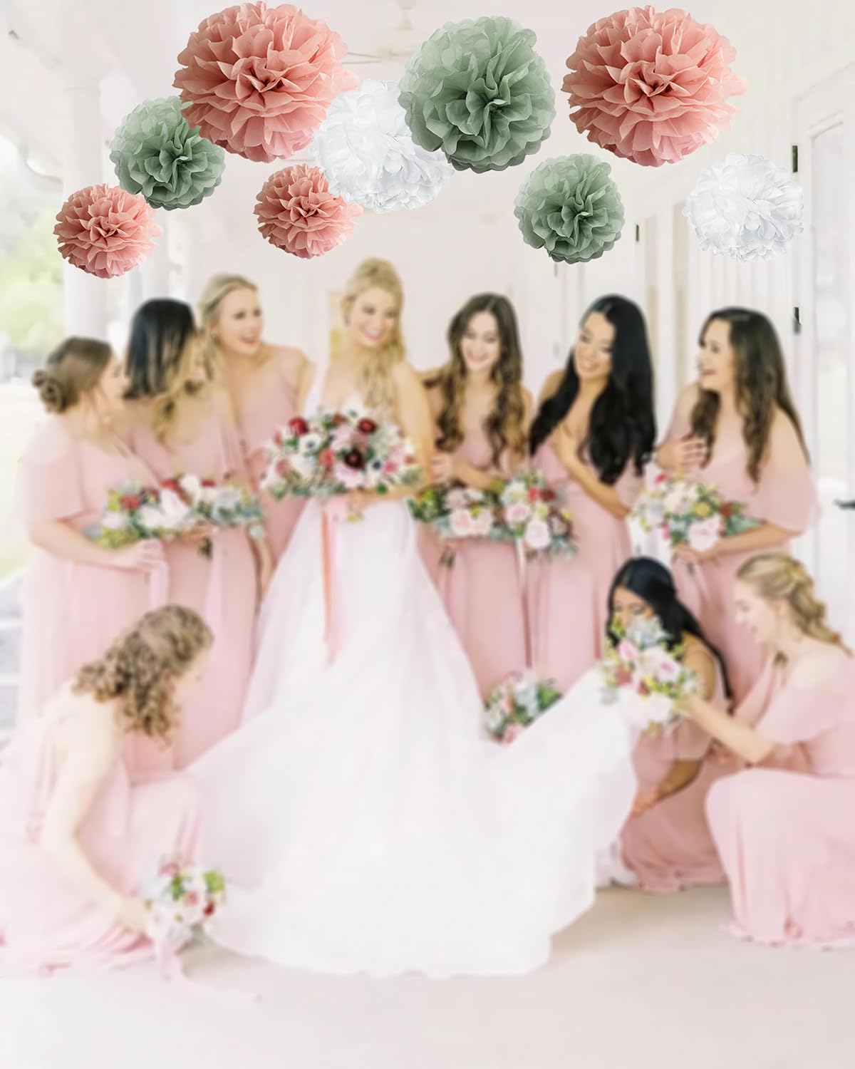 Sage Green Pink Tissue Paper Pom Poms 12 10 Set