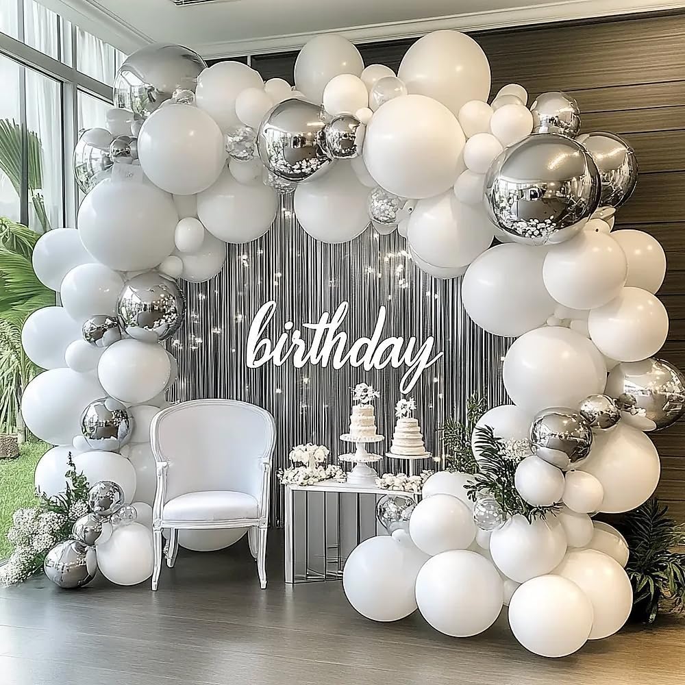 White Silver Balloon Garland with Foil Balloons for Parties and Celebrations