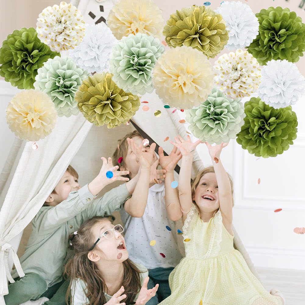 Sage Green Gold White Tissue Pom Poms Party Decor Kit
