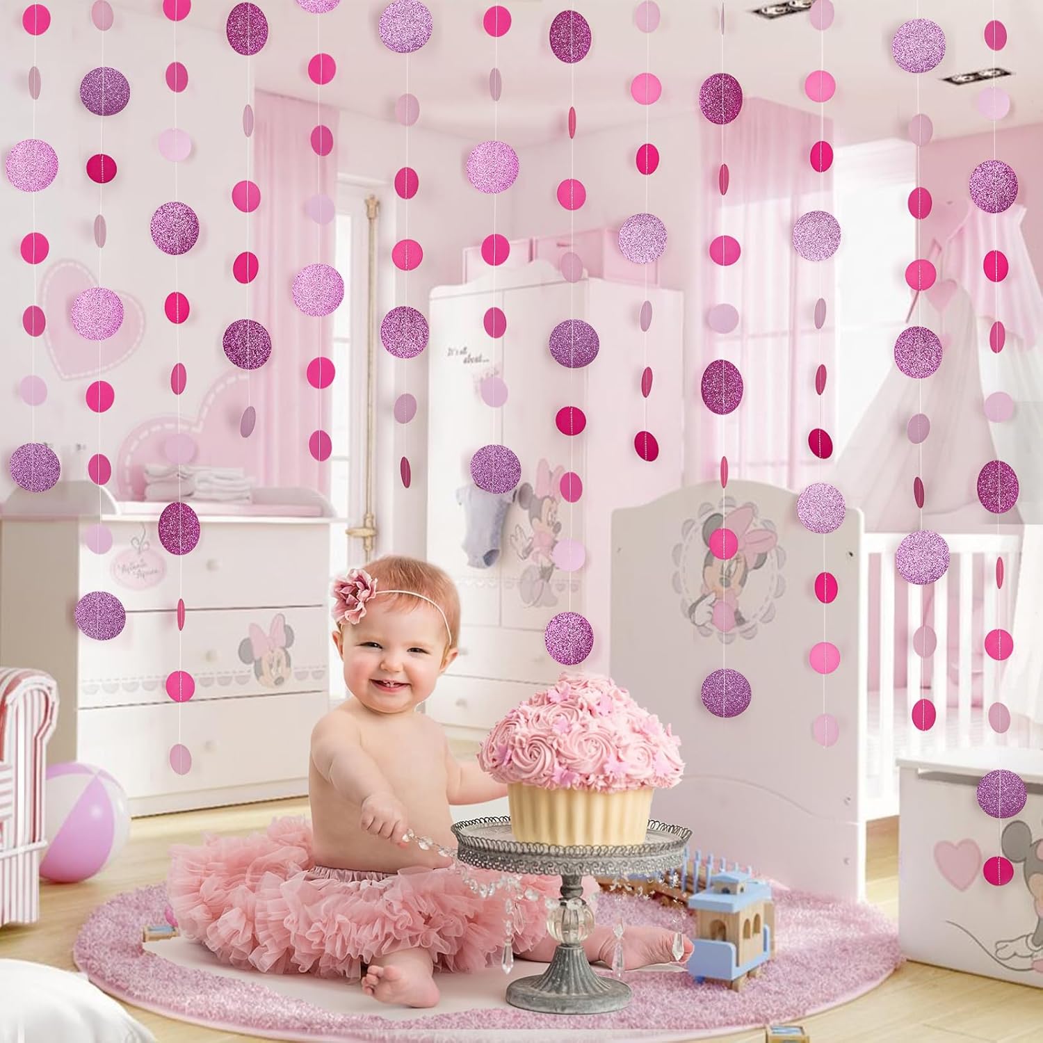 8 Pack Pink Glitter Dot Garland for Decorations