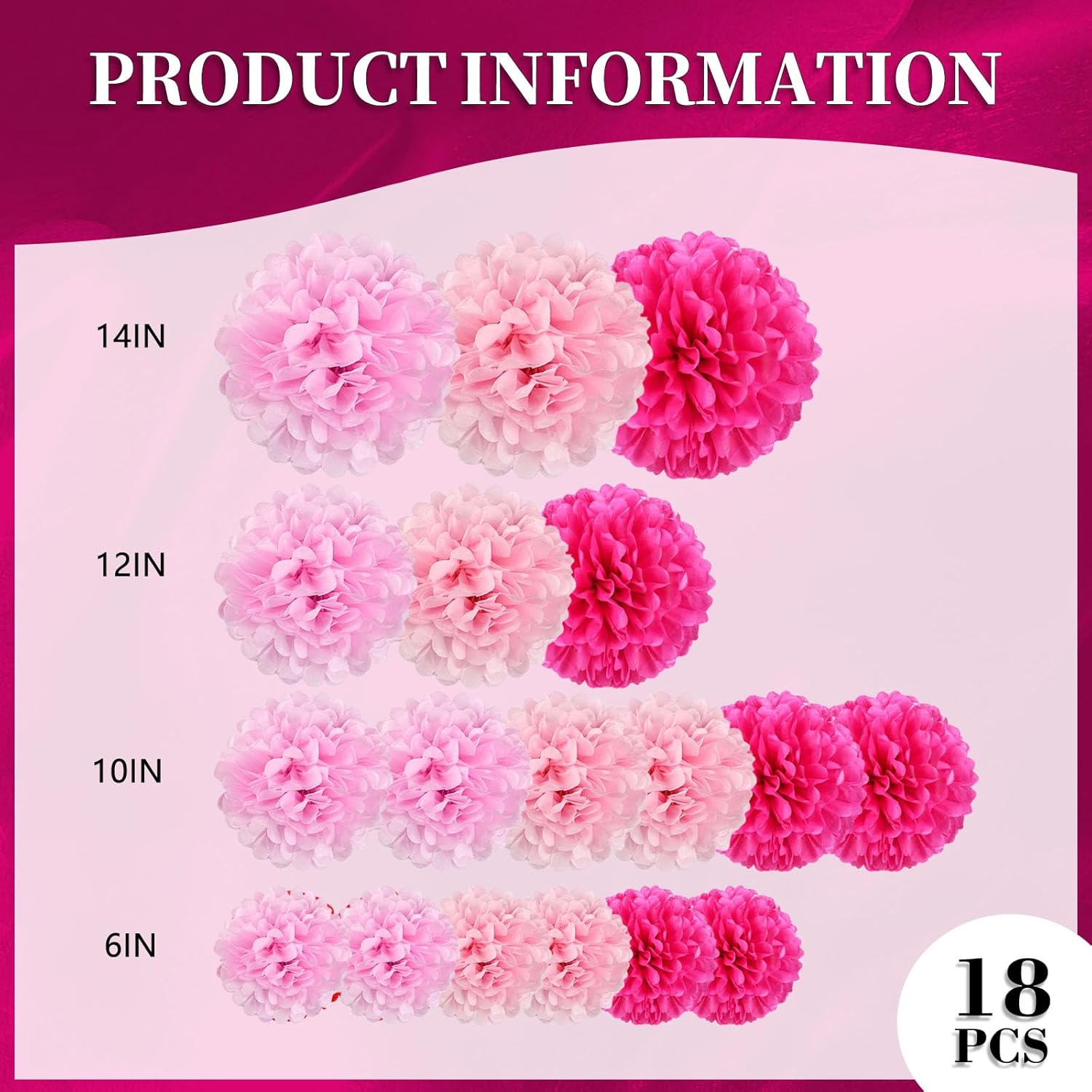 18 PCS Tissue Paper Pom Poms in Pink Set