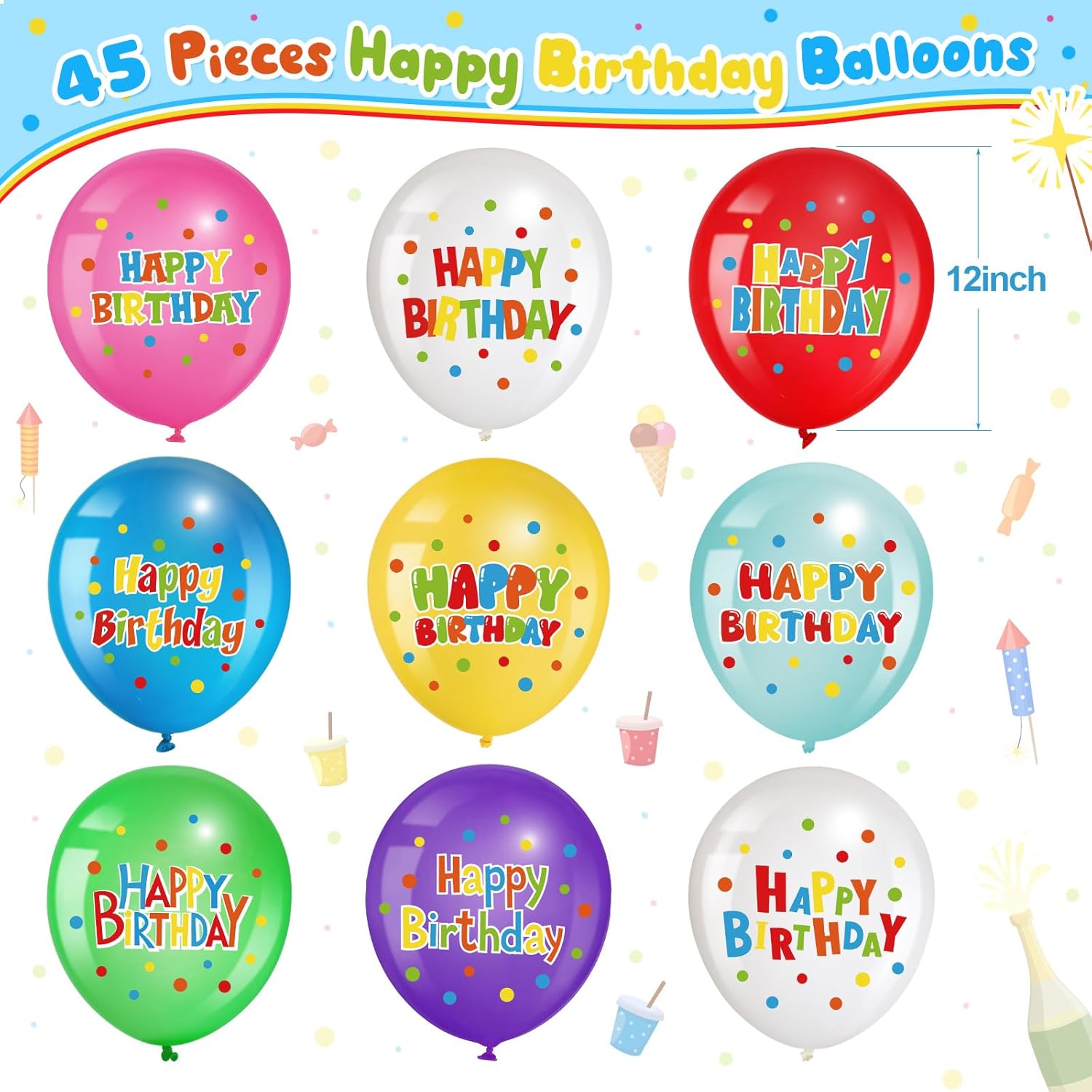 45 Pcs Happy Birthday Latex Balloons 12 Inch Decor