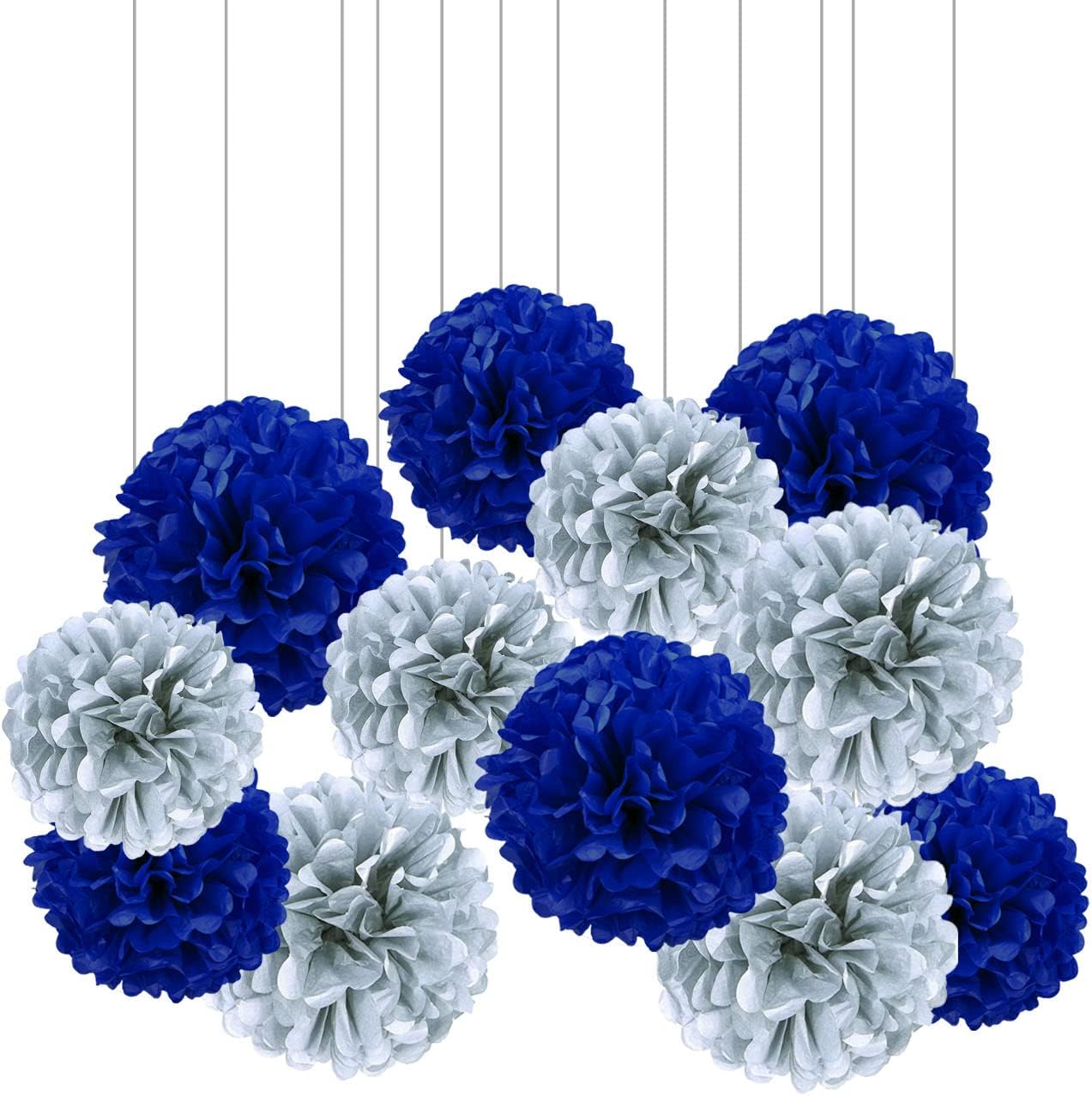 XIKSXITN 12 Piece Silver Blue Tissue Paper Pom Poms