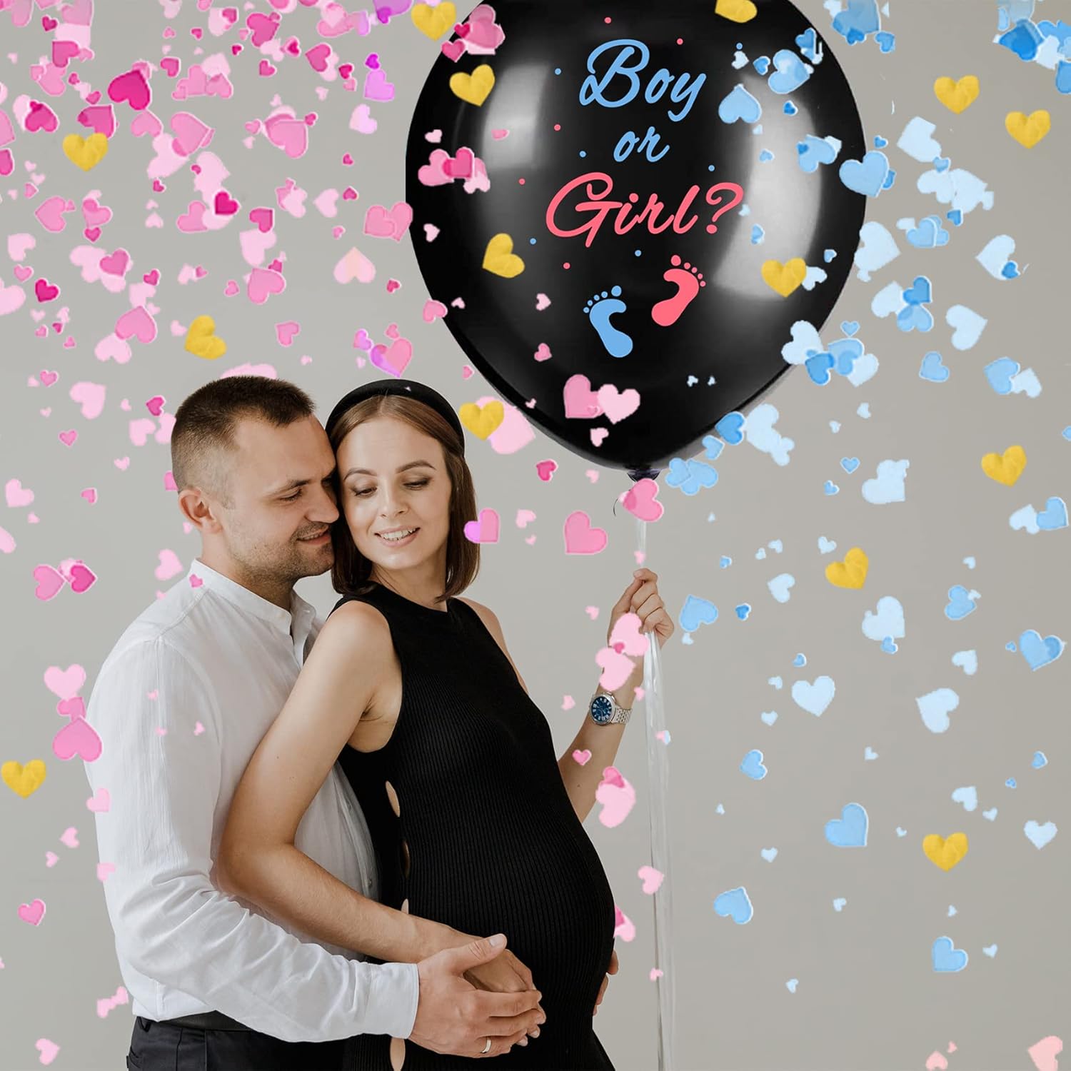 Gender Reveal Balloons 36 Inch Black with Pink and Blue Heart-Shaped Confetti