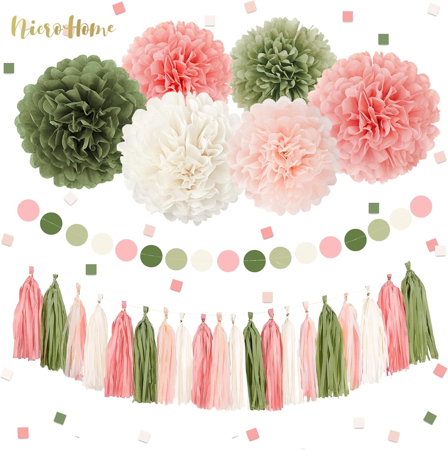 Pink Sage Green Tissue Paper Pom Poms Decor Kit
