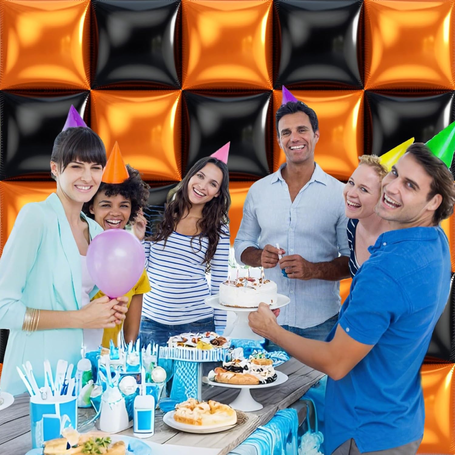 36pcs Black and Orange Square Foil Balloons with 147pcs Garland Arch Kit