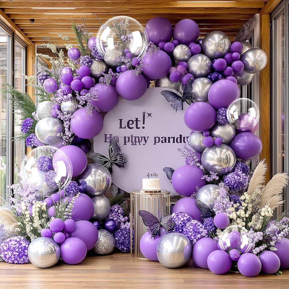 Purple Silver Balloon Arch Kit for Birthday Celebrations