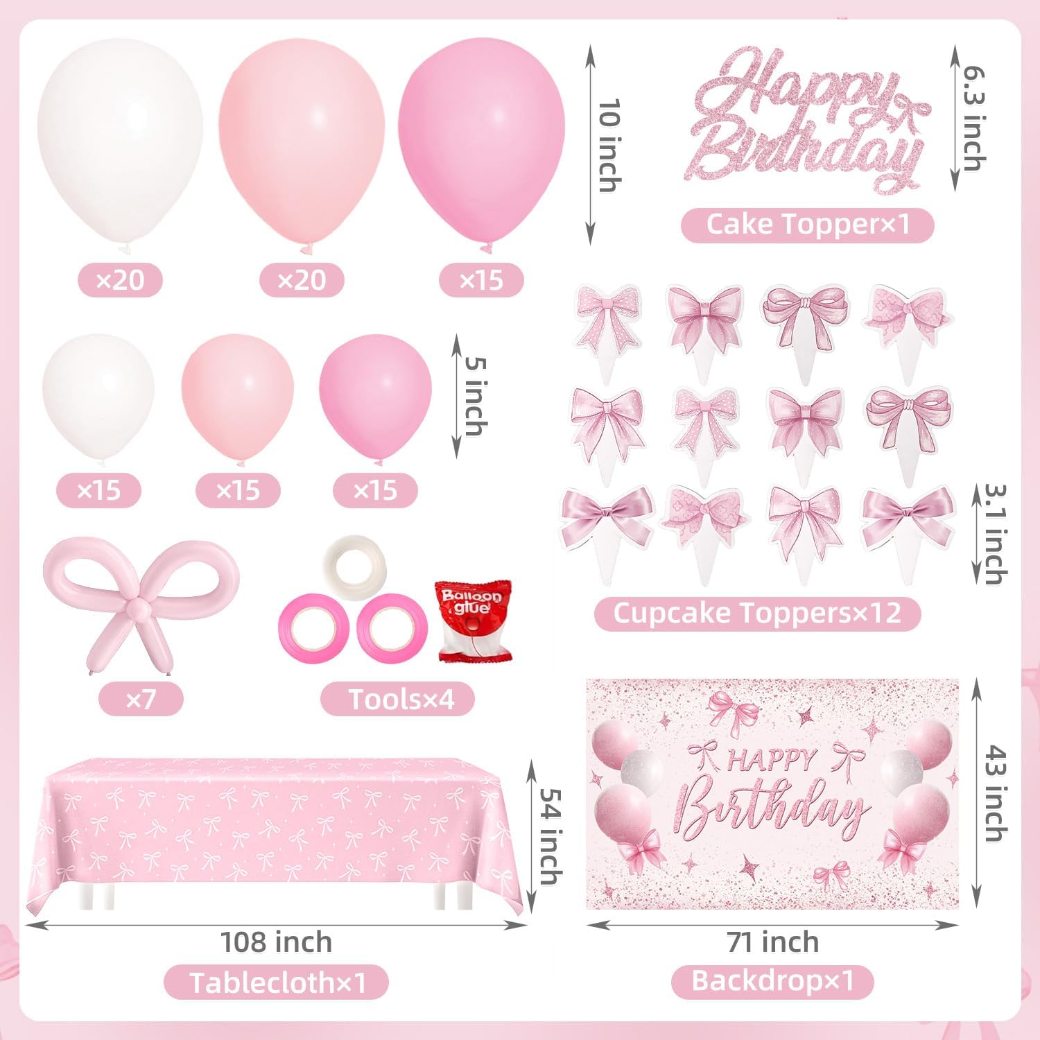 Pink Bow Birthday Decorations for 24 Guests