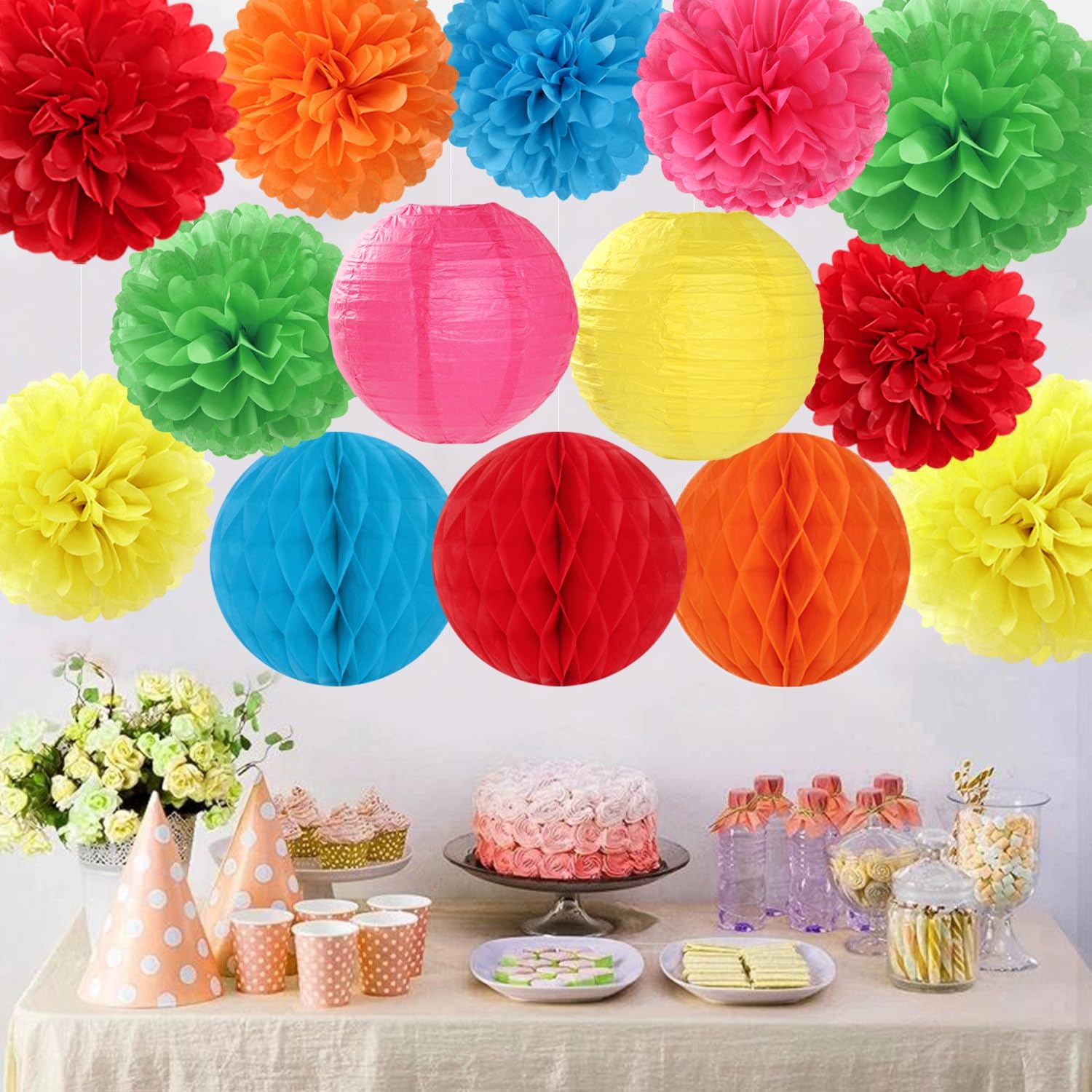 Rainbow Paper Flowers Tissue Pom Poms 15pcs Party Decorations