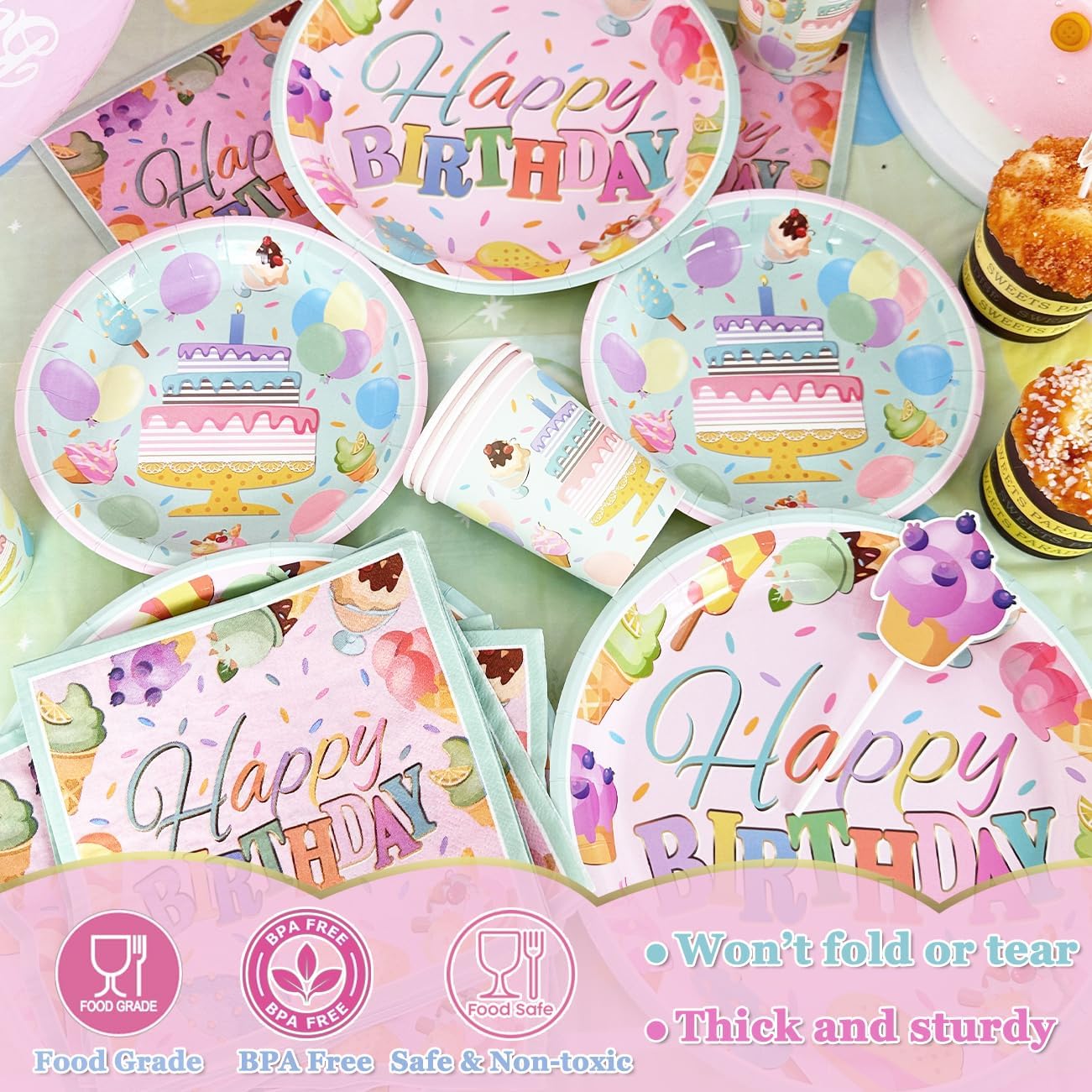 Happy Birthday Decorations Pastel Plates Napkins Tableware Set
