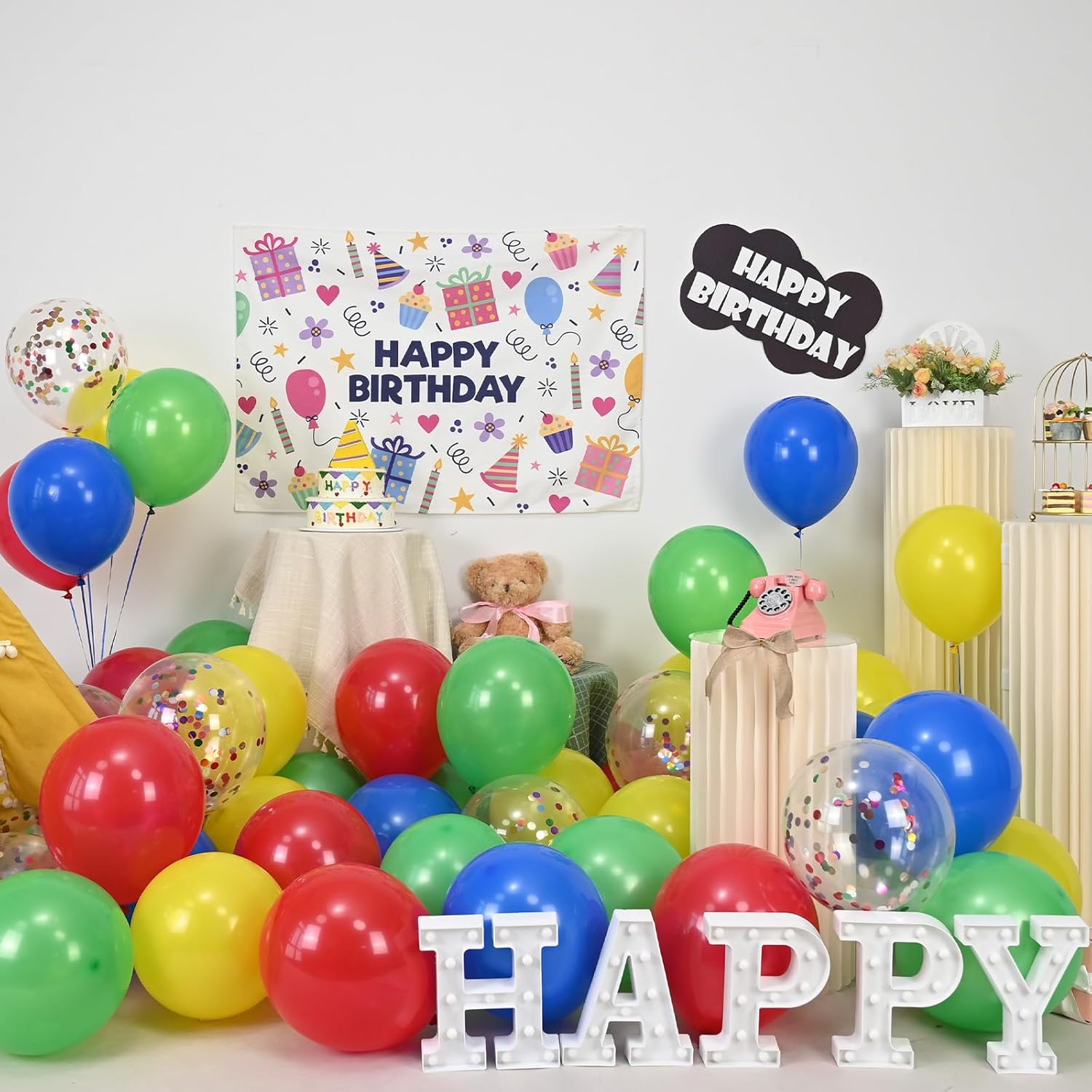 Red Yellow Blue Balloons with Confetti for Birthday Party