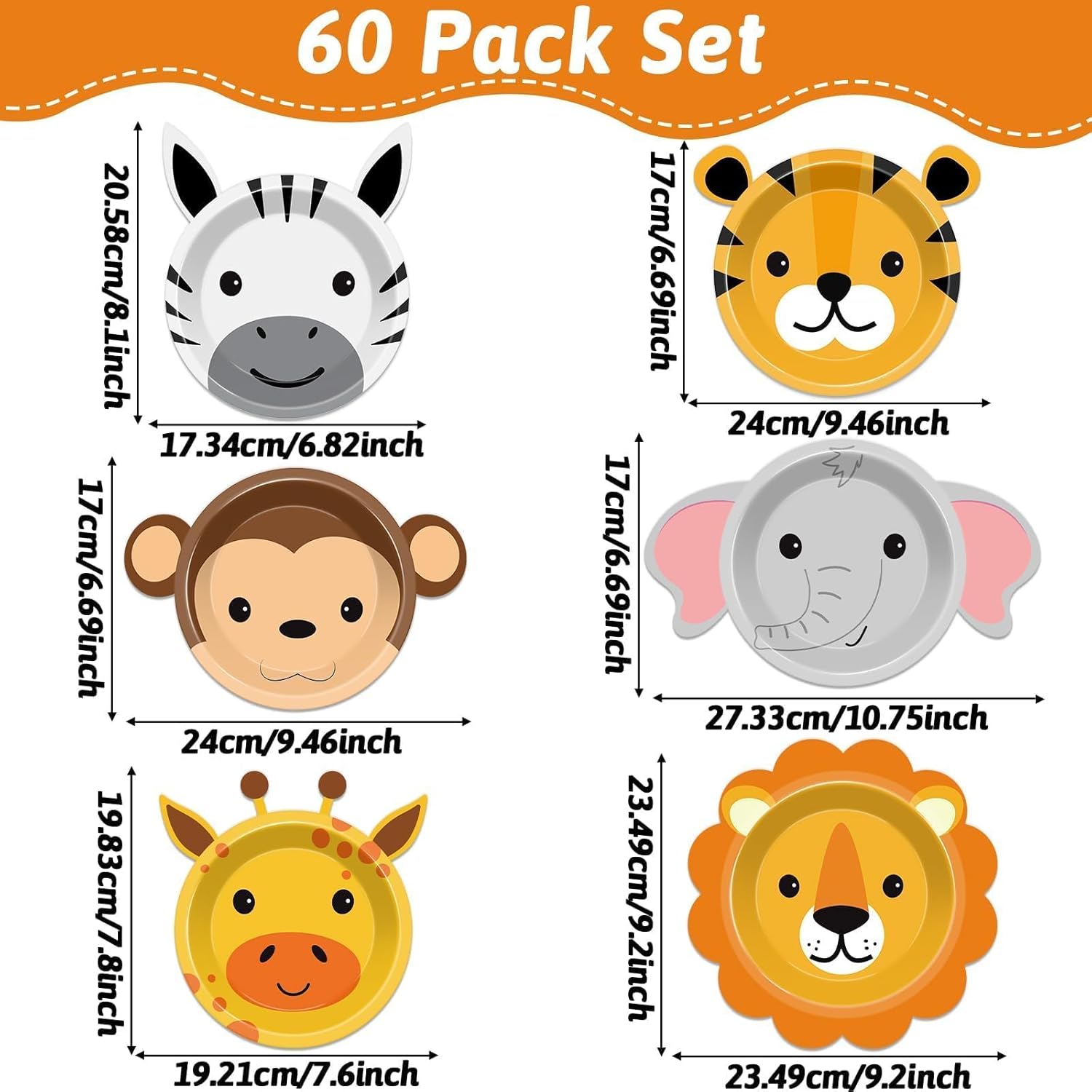 60 Jungle Animal Shaped Paper Plates for Parties