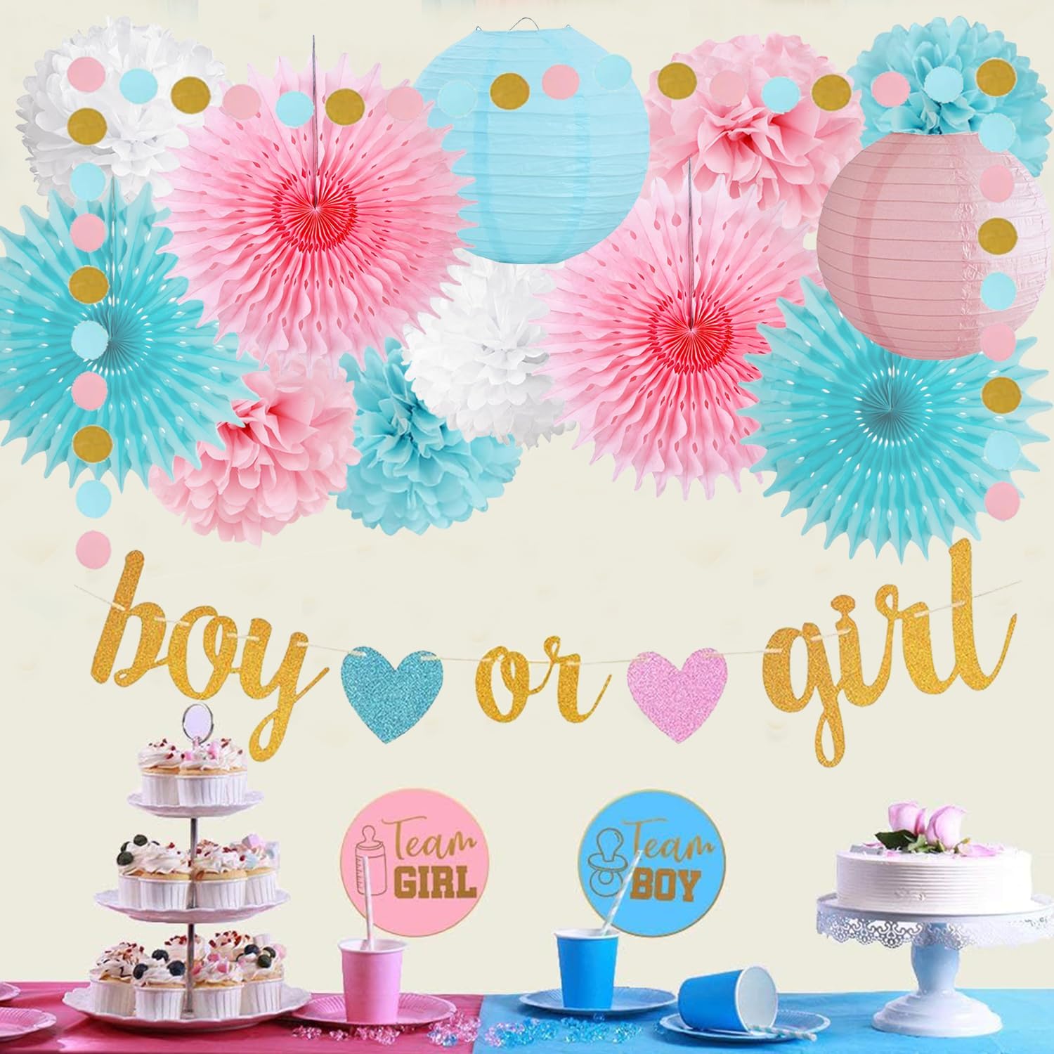 Gender Reveal Decorations with Glitter Letters and Heart Banner