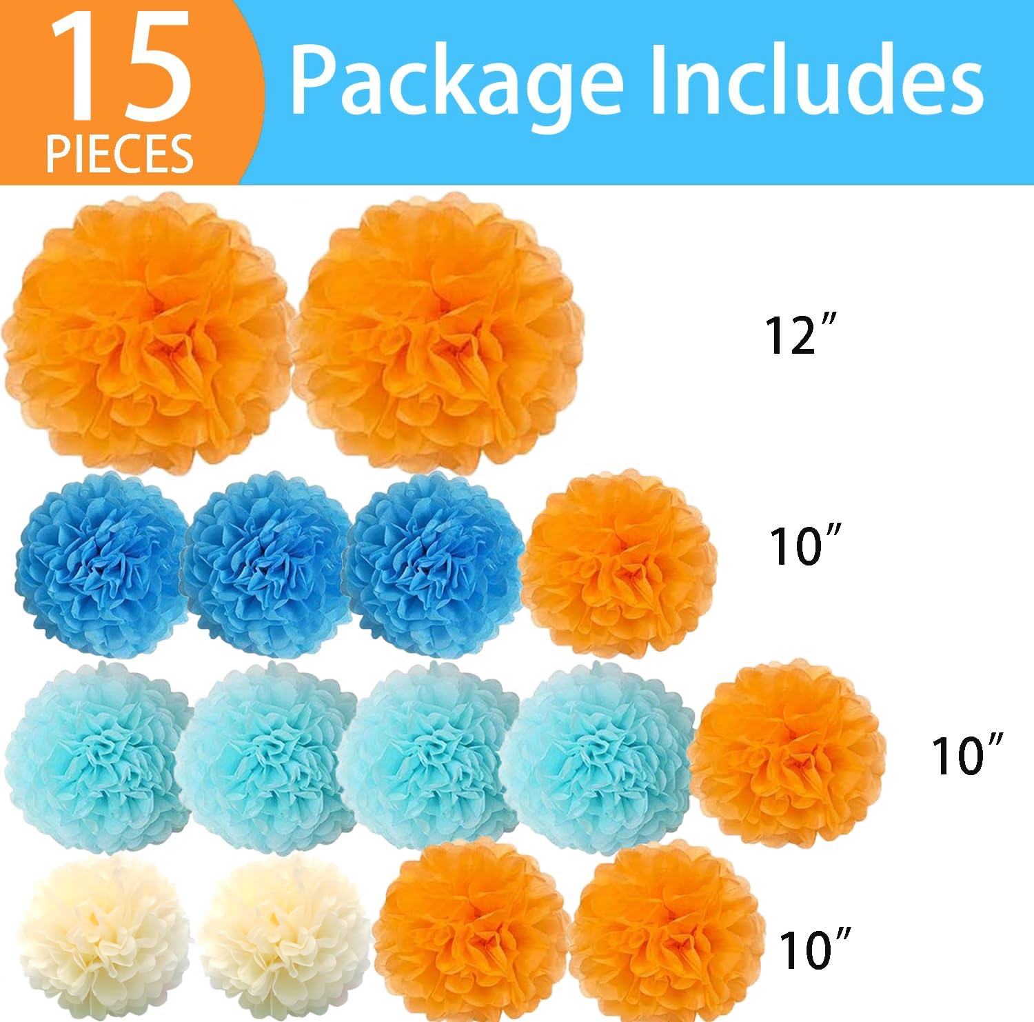 15PCS Blue Orange Party Decorations Tissue Pom Poms