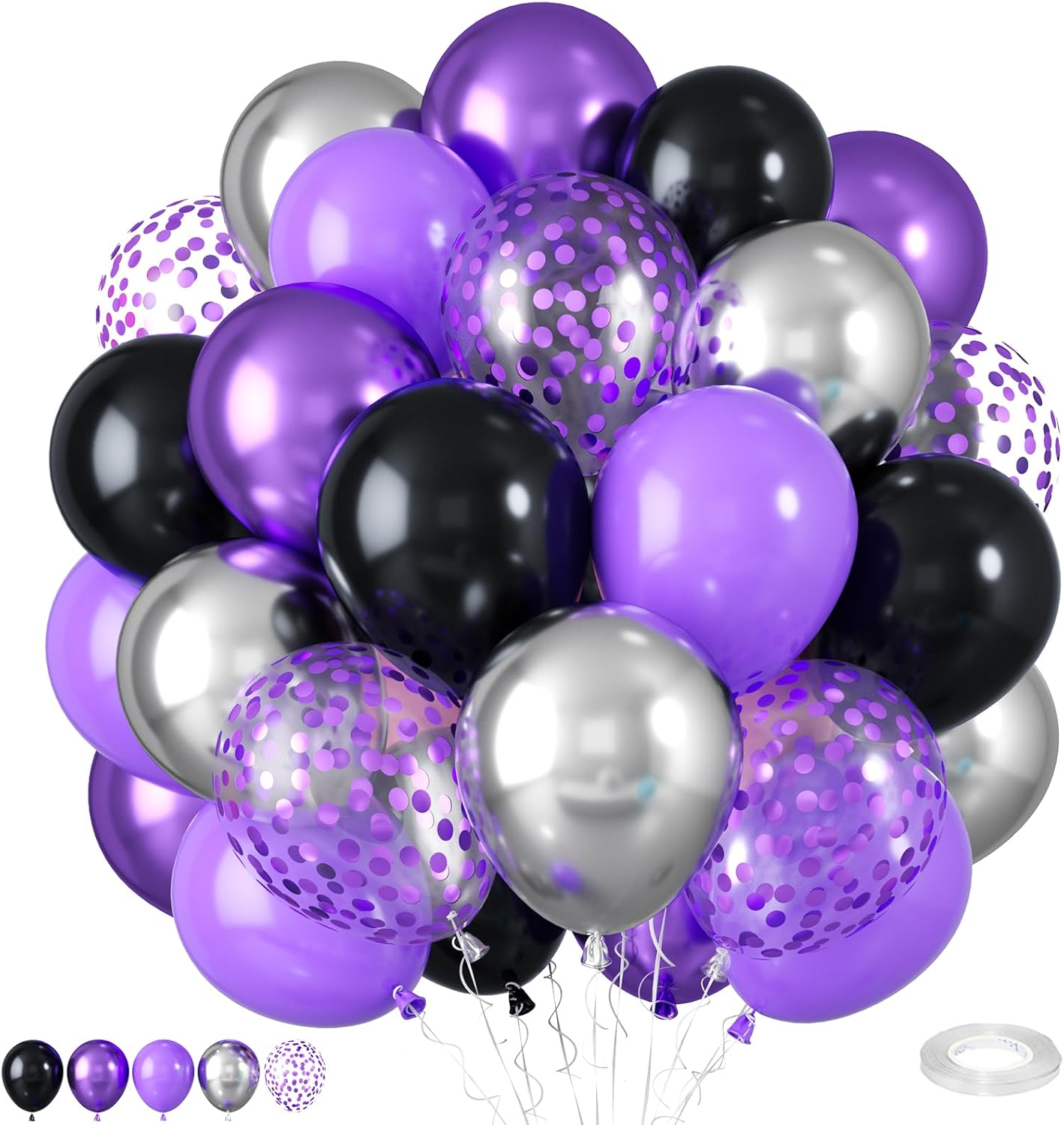 50pcs Purple Black Balloons with Ribbons Confetti for Halloween Birthdays Anniversaries Graduations
