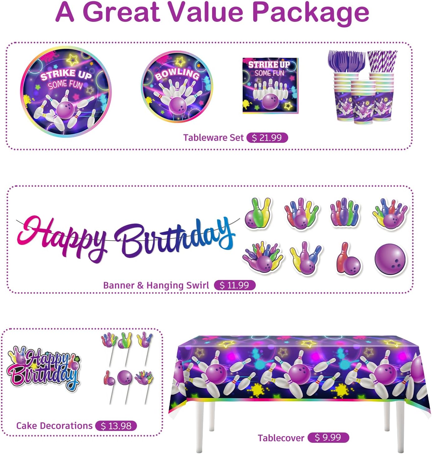 187PCS Bowling Party Decorations Set for 25 Guests