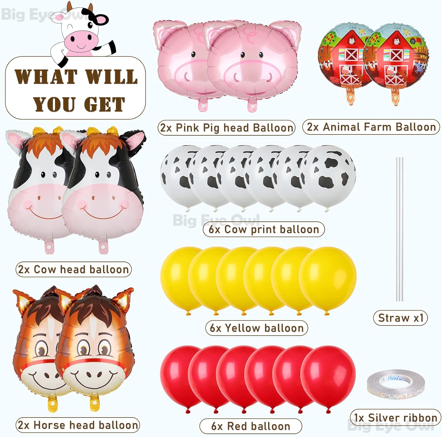 Farm Animal Balloons Set Pig Cow Horse Donkey