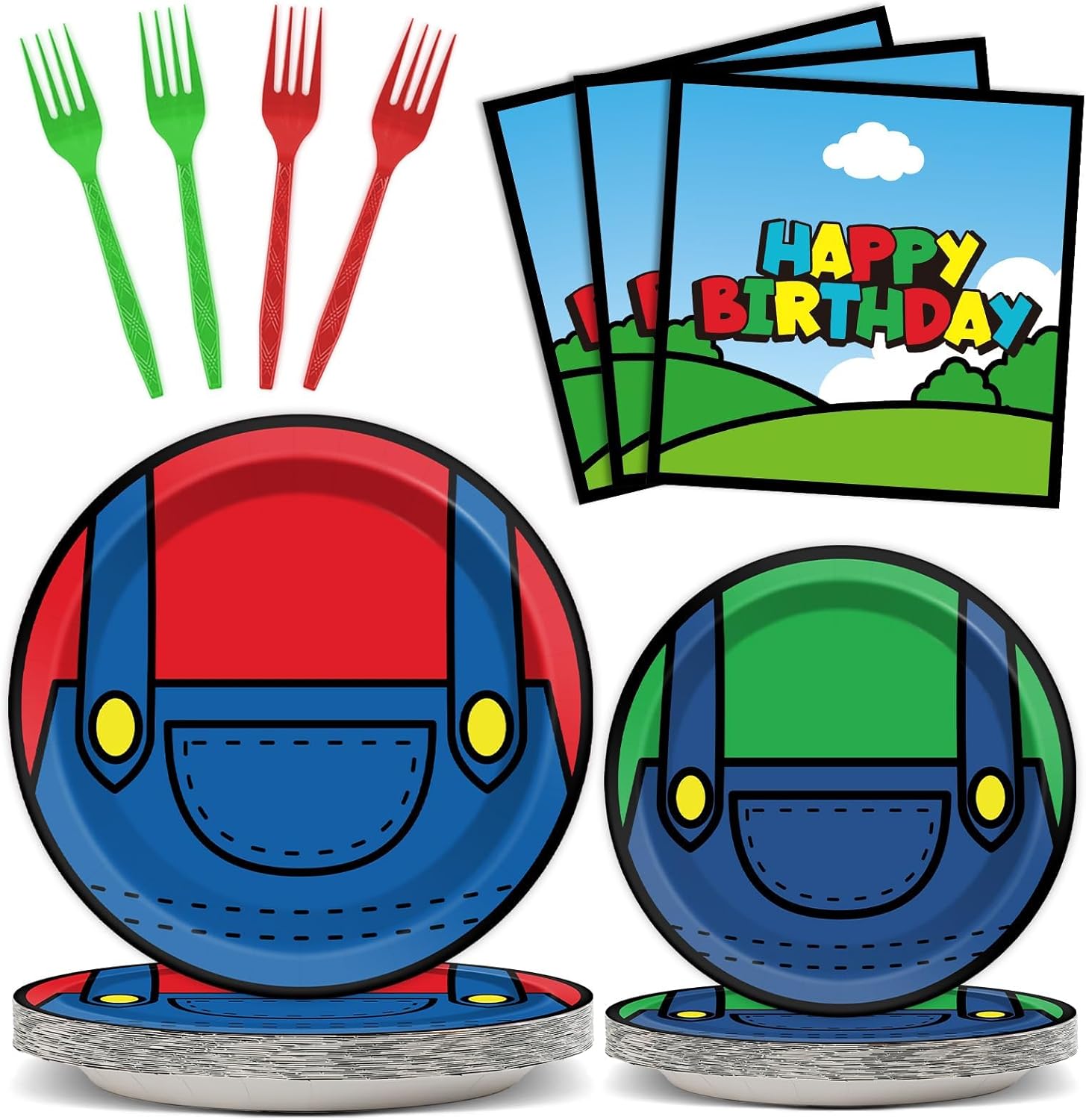 96 Pcs Super Brother Party Plates and Forks Set