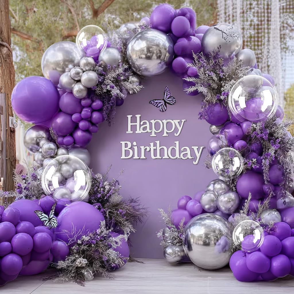 Purple Silver Balloon Arch Kit for Birthday Celebrations