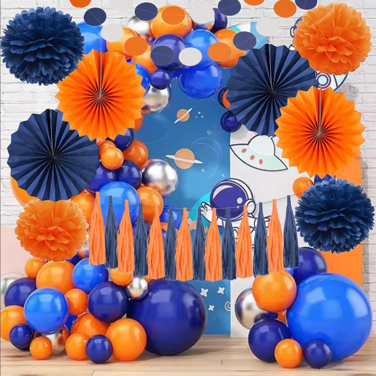 Blue Orange Party Tissue Pom Poms Garland Decor