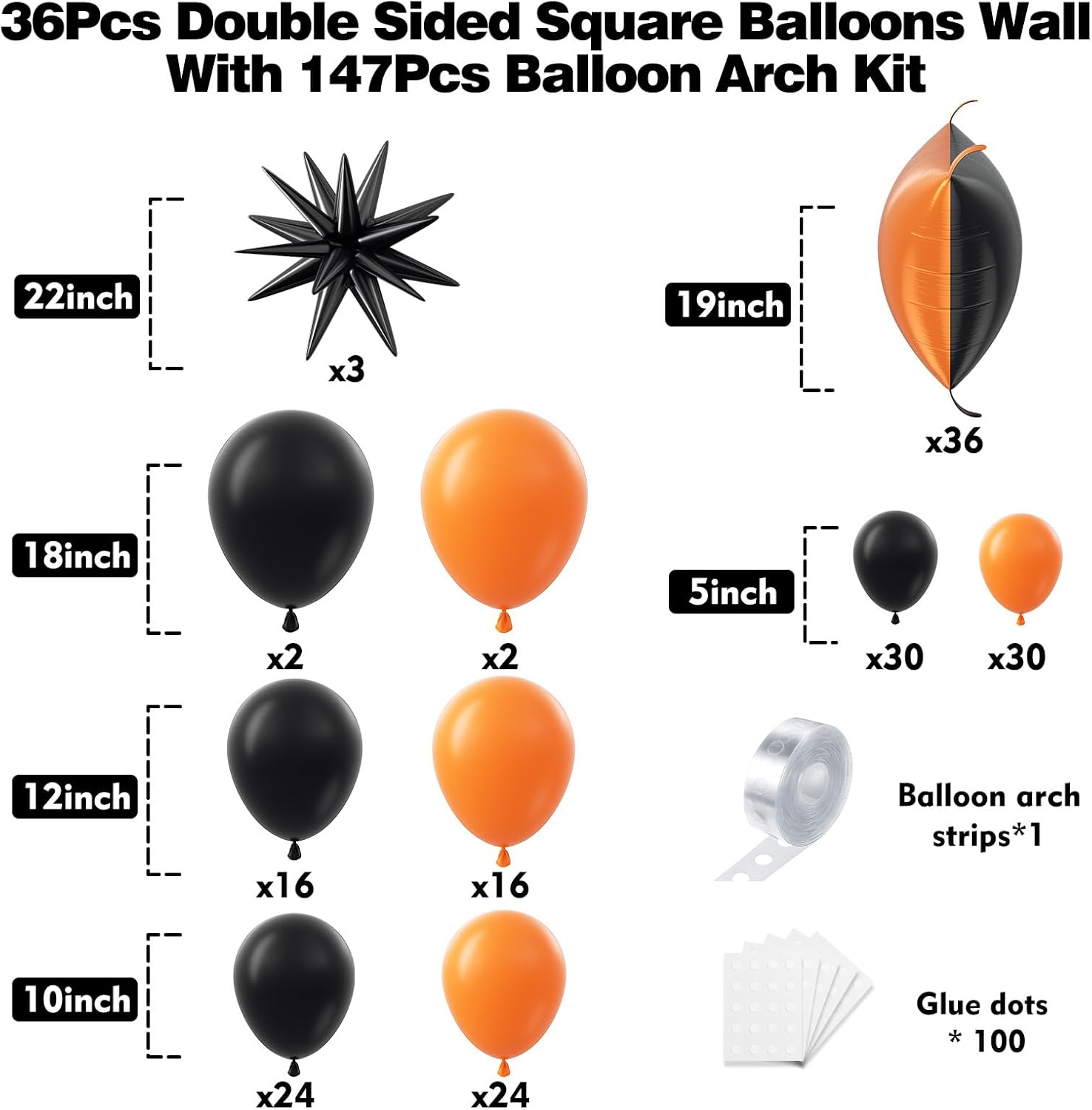 36pcs Black and Orange Square Foil Balloons with 147pcs Garland Arch Kit