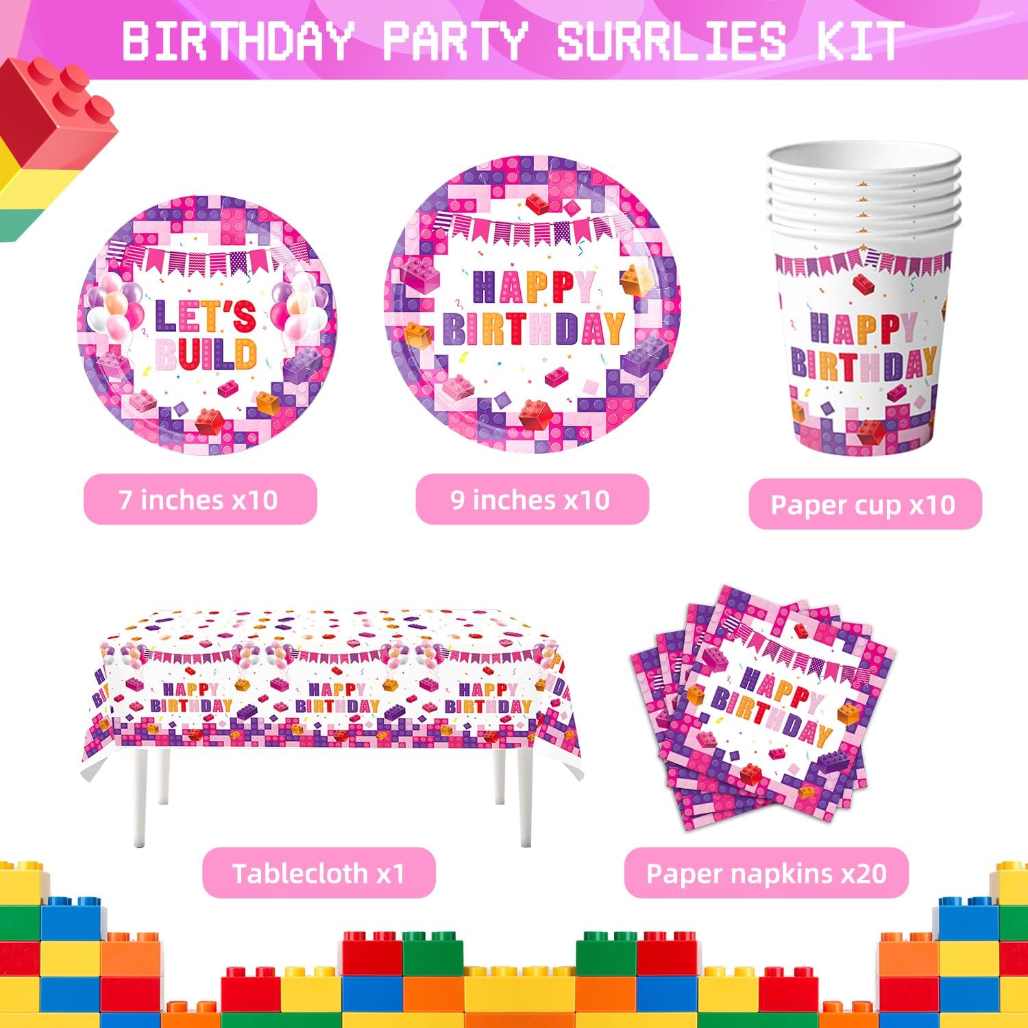 Pink Building Block Birthday Party Set