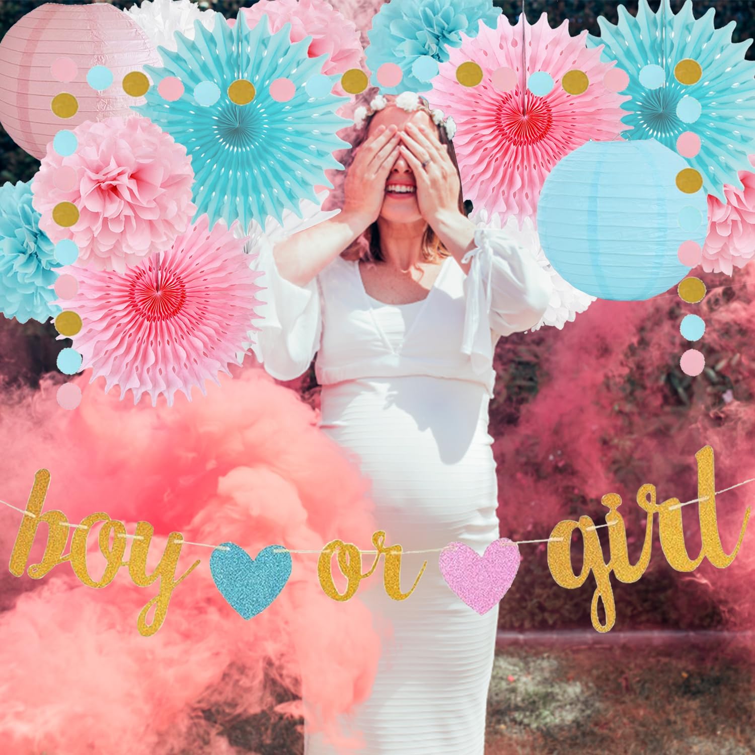 Gender Reveal Decorations with Glitter Letters and Heart Banner