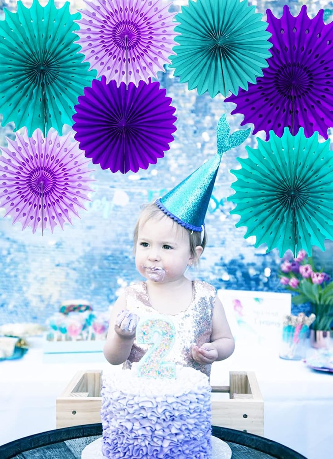 Teal Purple Tissue Paper Fan Flower Decor Kit
