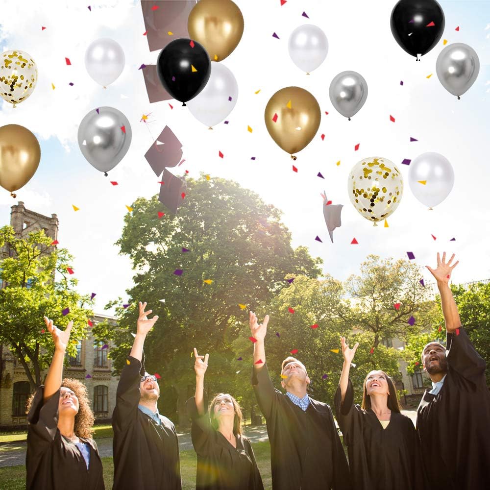 Black Gold Silver Party Balloons 50pcs 12 Inch Metallic Confetti Balloons with Ribbon