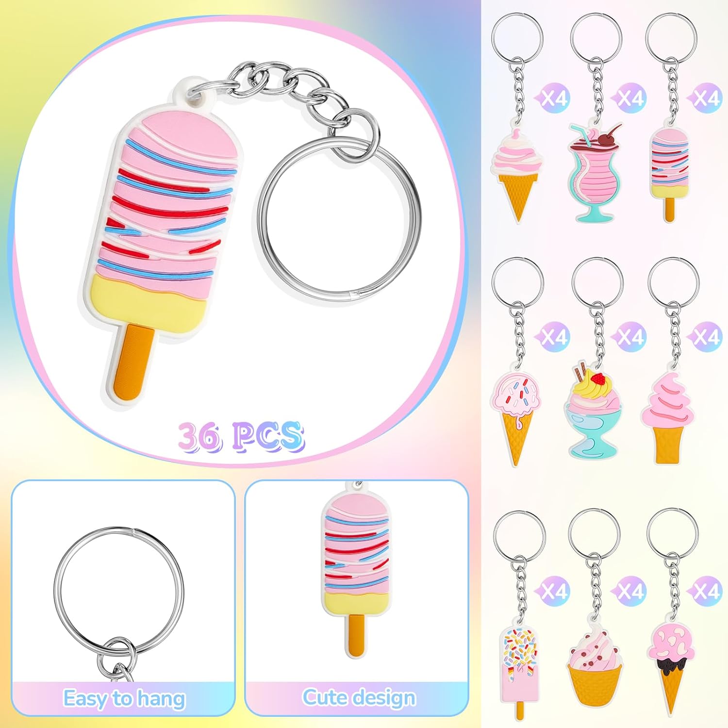 Sasylvia 36 Pcs Ice Cream Party Keychains
