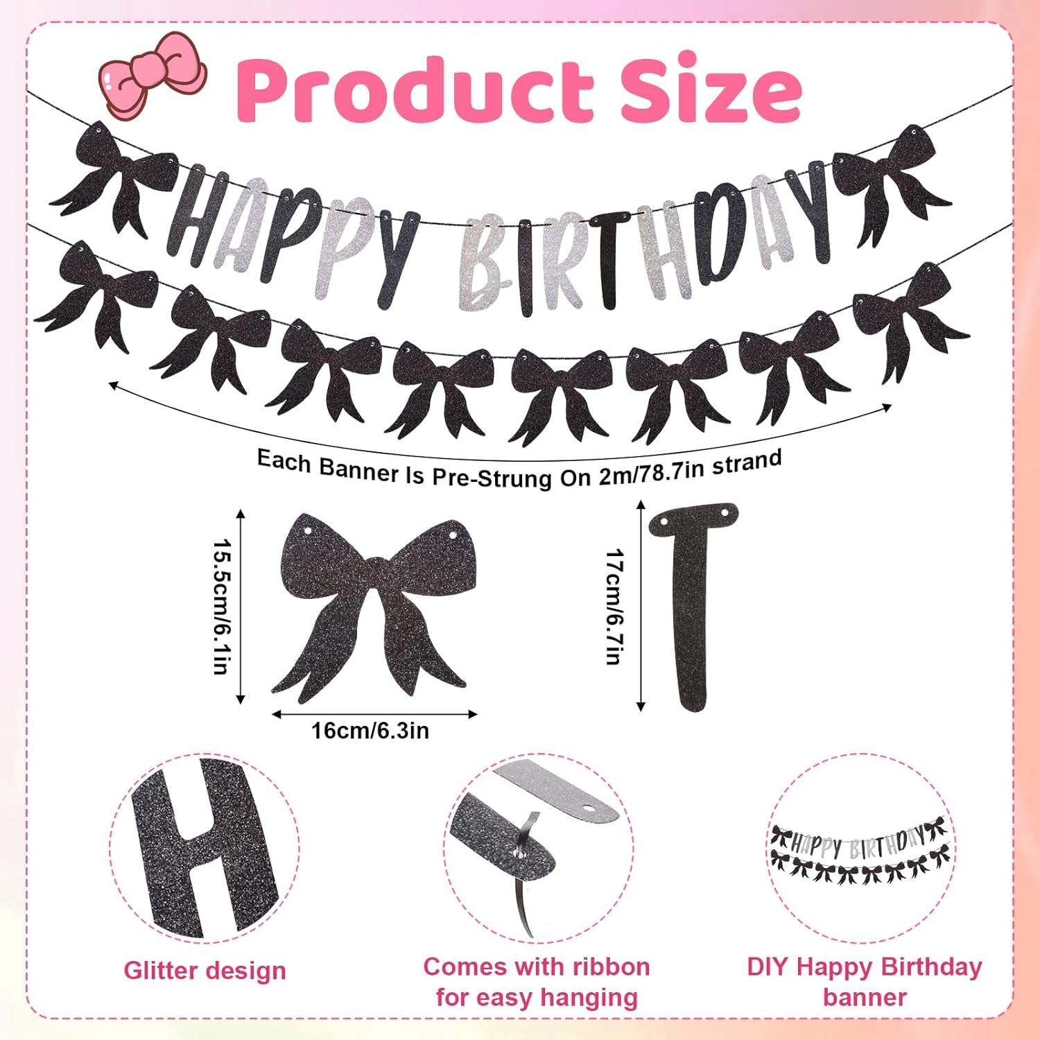 1 Set Black Bow Birthday Banner Decorations