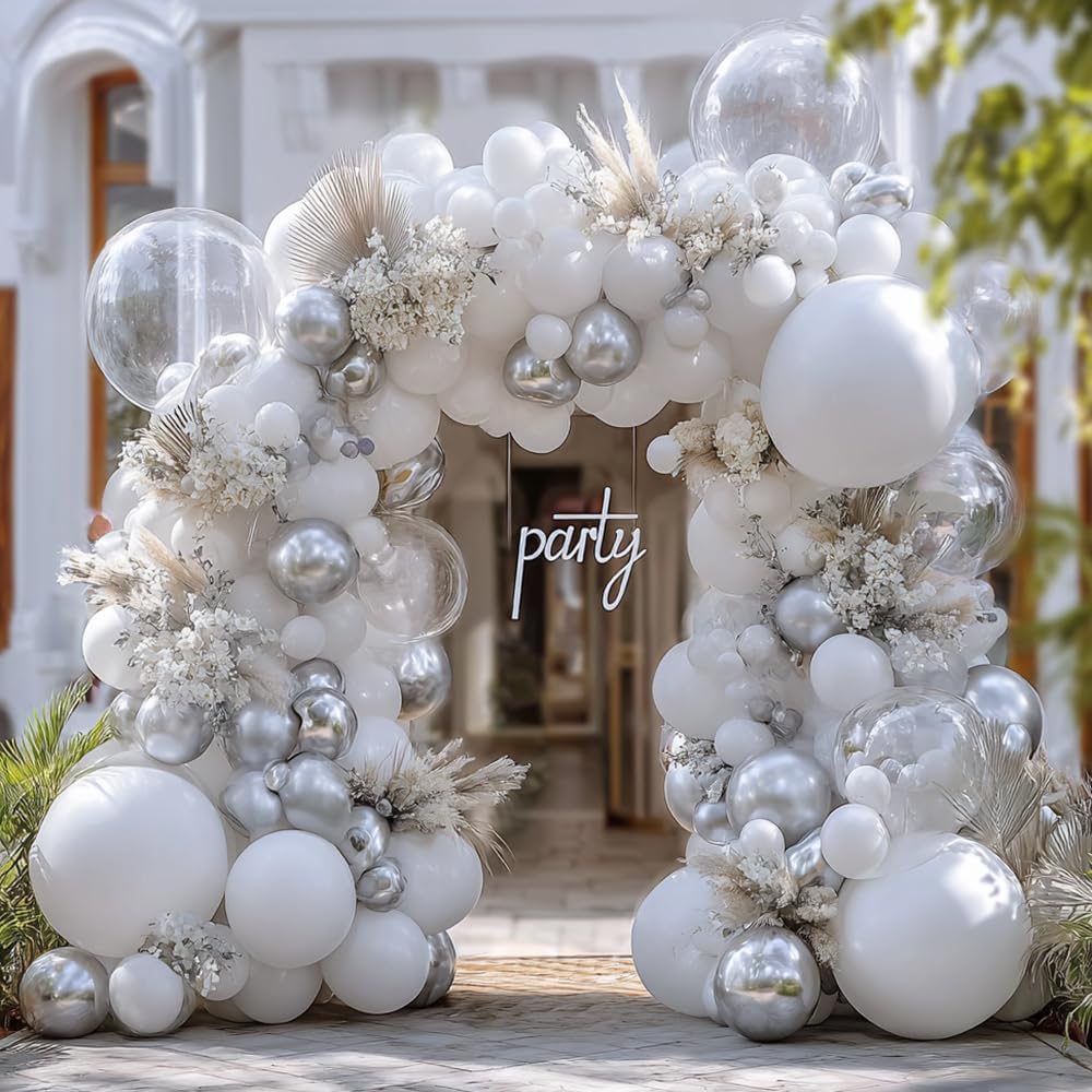 White Silver Balloon Garland with Foil Balloons for Parties and Celebrations