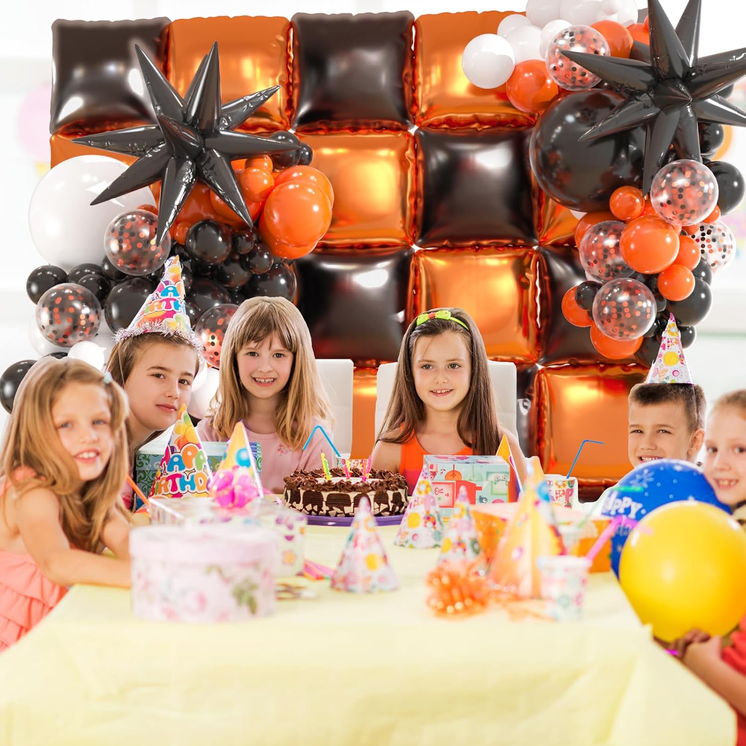 25pcs Black Orange Foil Balloon Wall with Arch Kit