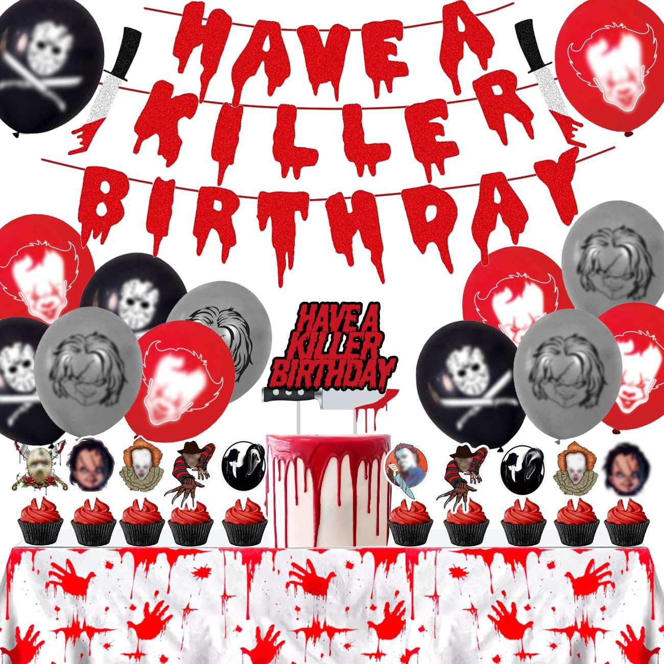 Killer Birthday Decorations Set Balloons Banner Tablecloth Cake Toppers