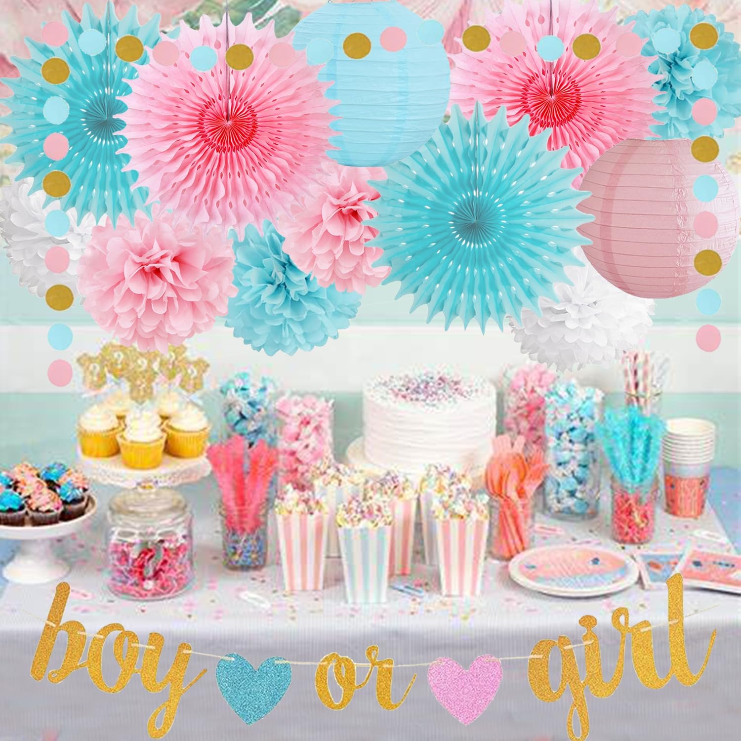 Gender Reveal Decorations with Glitter Letters and Heart Banner