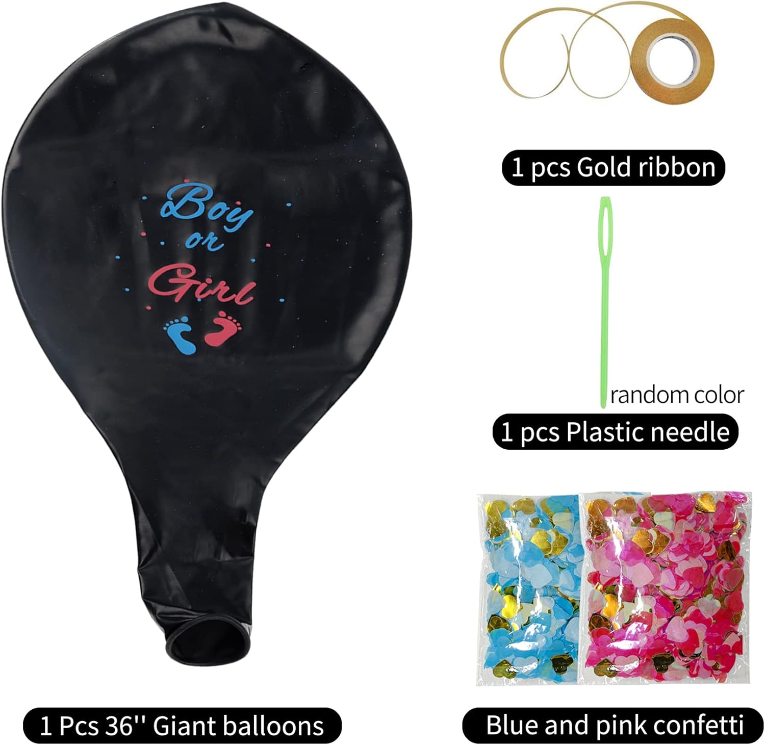 Gender Reveal Balloons 36 Inch Black with Pink and Blue Heart-Shaped Confetti