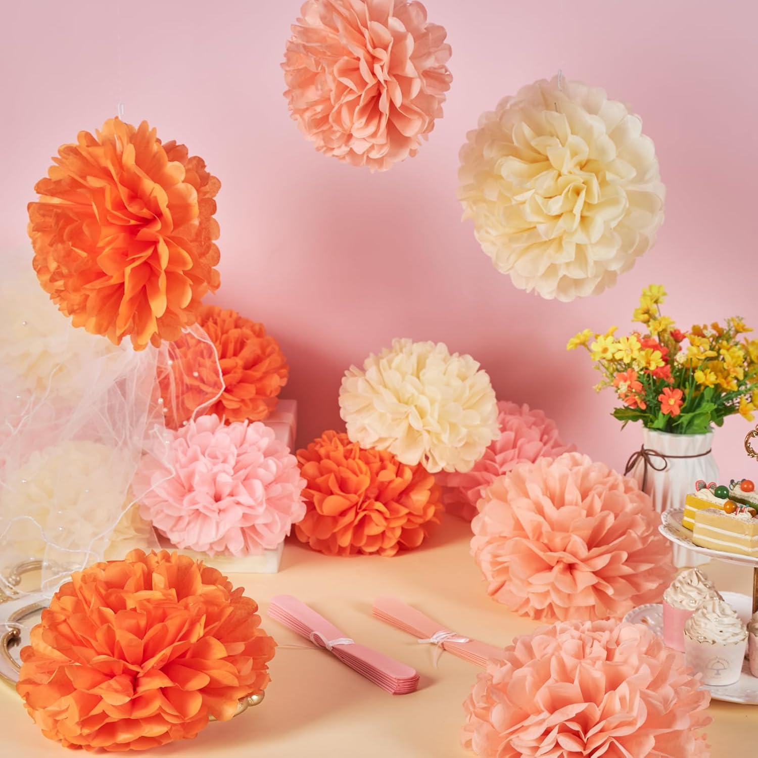 15Pcs Pink Orange Tissue Pom Poms Flower Decorations