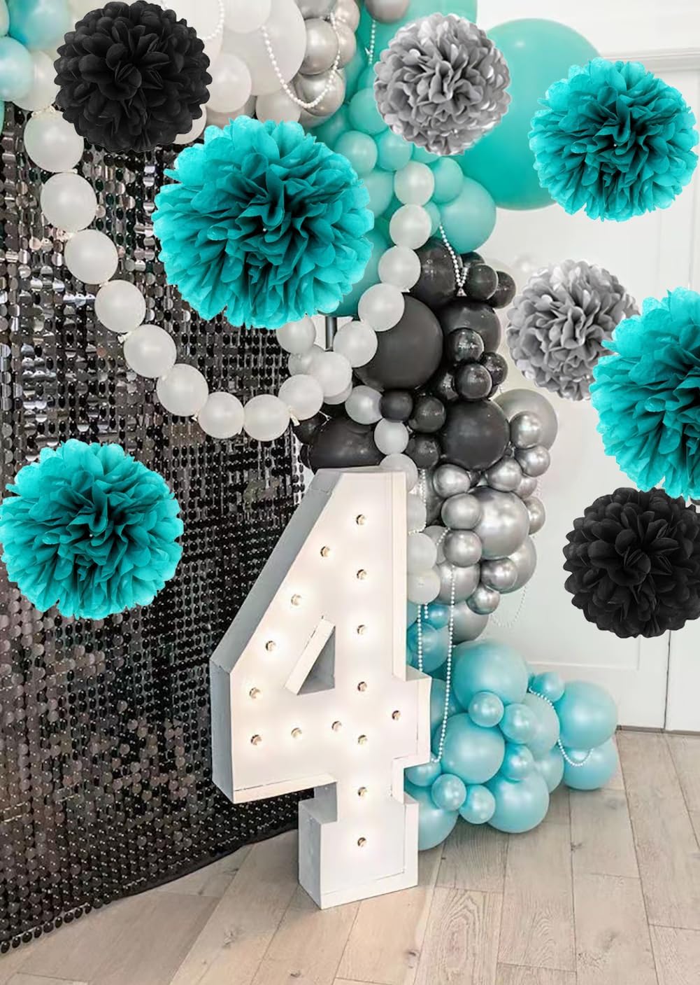 Teal Turquoise Silver Tissue Paper Pom Poms Backdrop