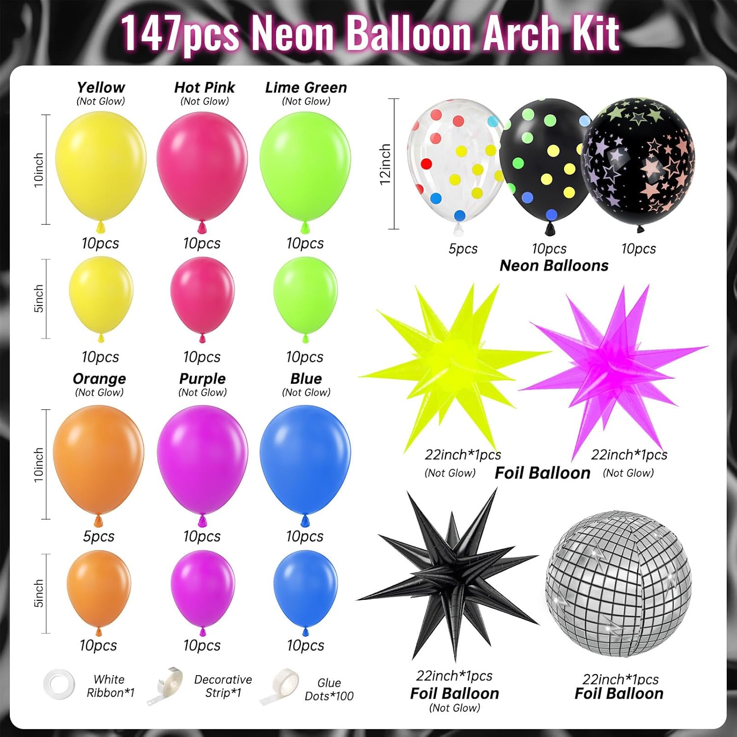 147pcs Neon Balloon Arch Kit for 80s 90s Birthday Party