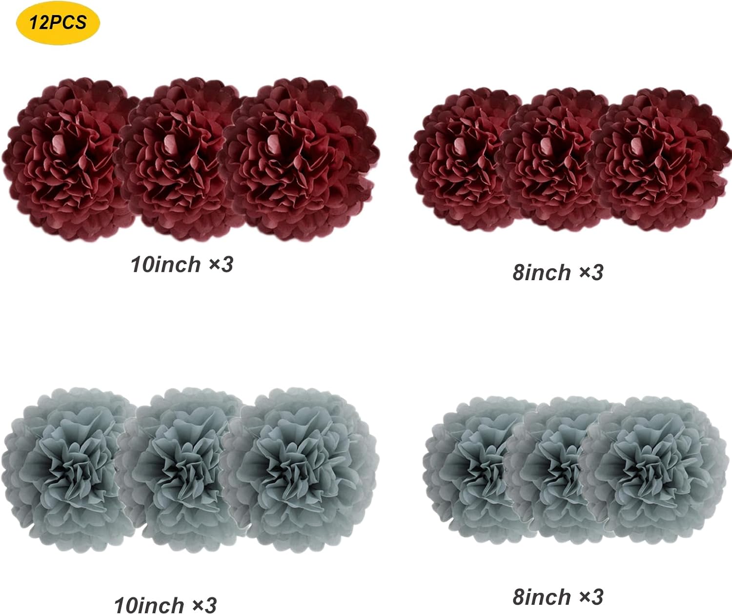Heartfeel 12pcs Tissue Paper Pom Poms Grey and Burgundy