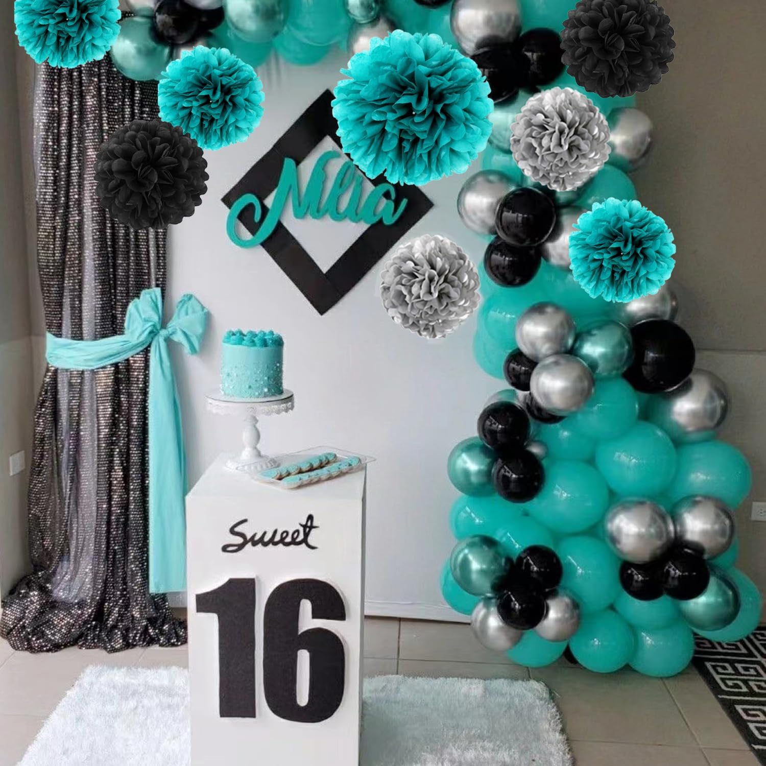 Teal Turquoise Silver Tissue Paper Pom Poms Backdrop