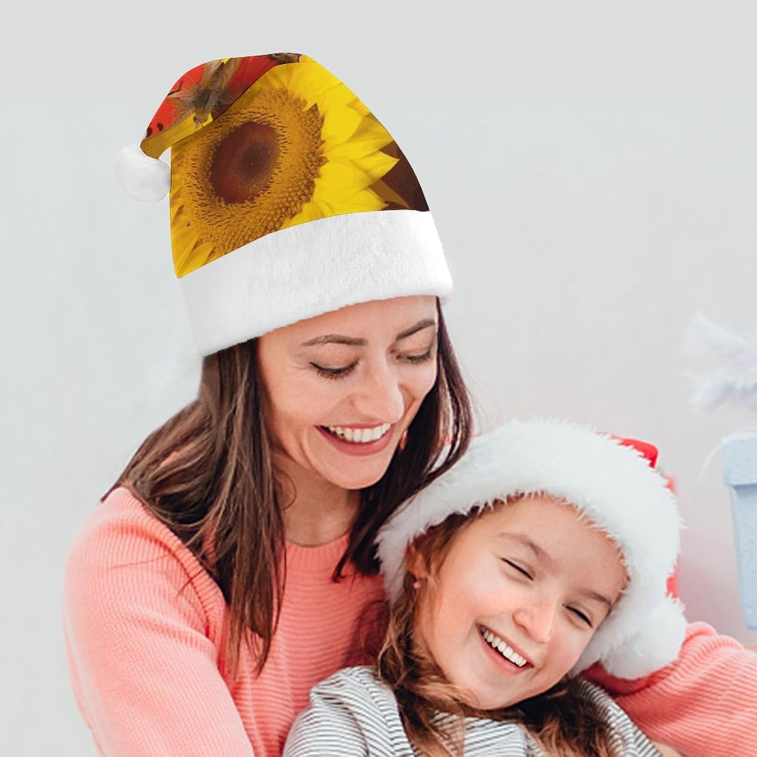Yellow Sunflowers Santa Hat with Red Butterfly Christmas Party Headwear