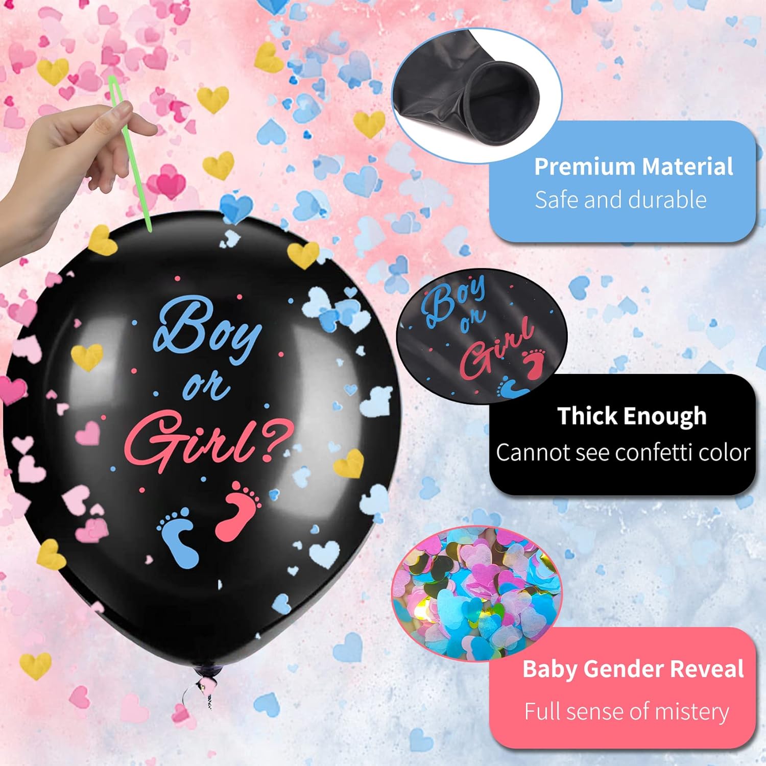 Gender Reveal Balloons 36 Inch Black with Pink and Blue Heart-Shaped Confetti