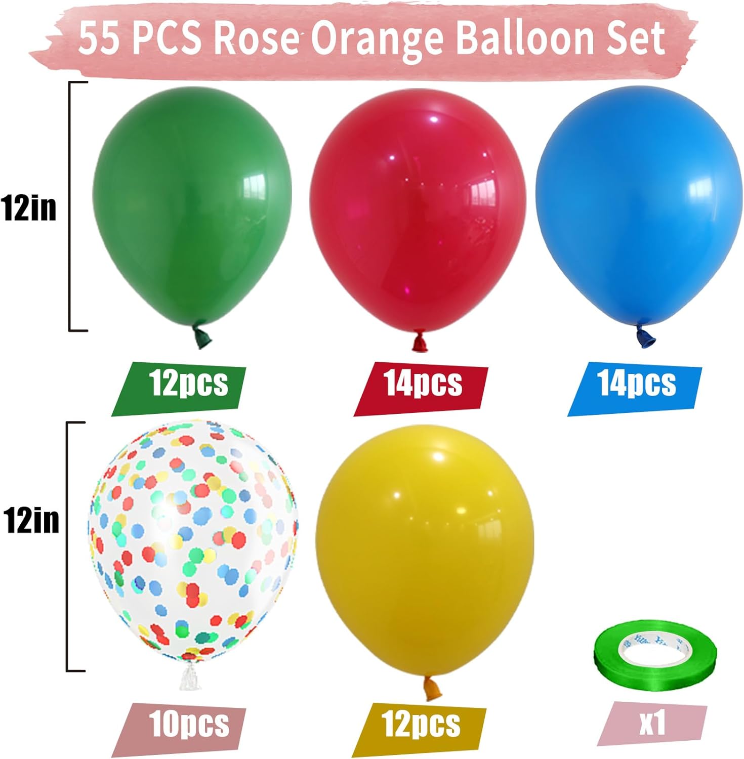 60-Piece Rainbow Balloons Set with Confetti and Ribbon