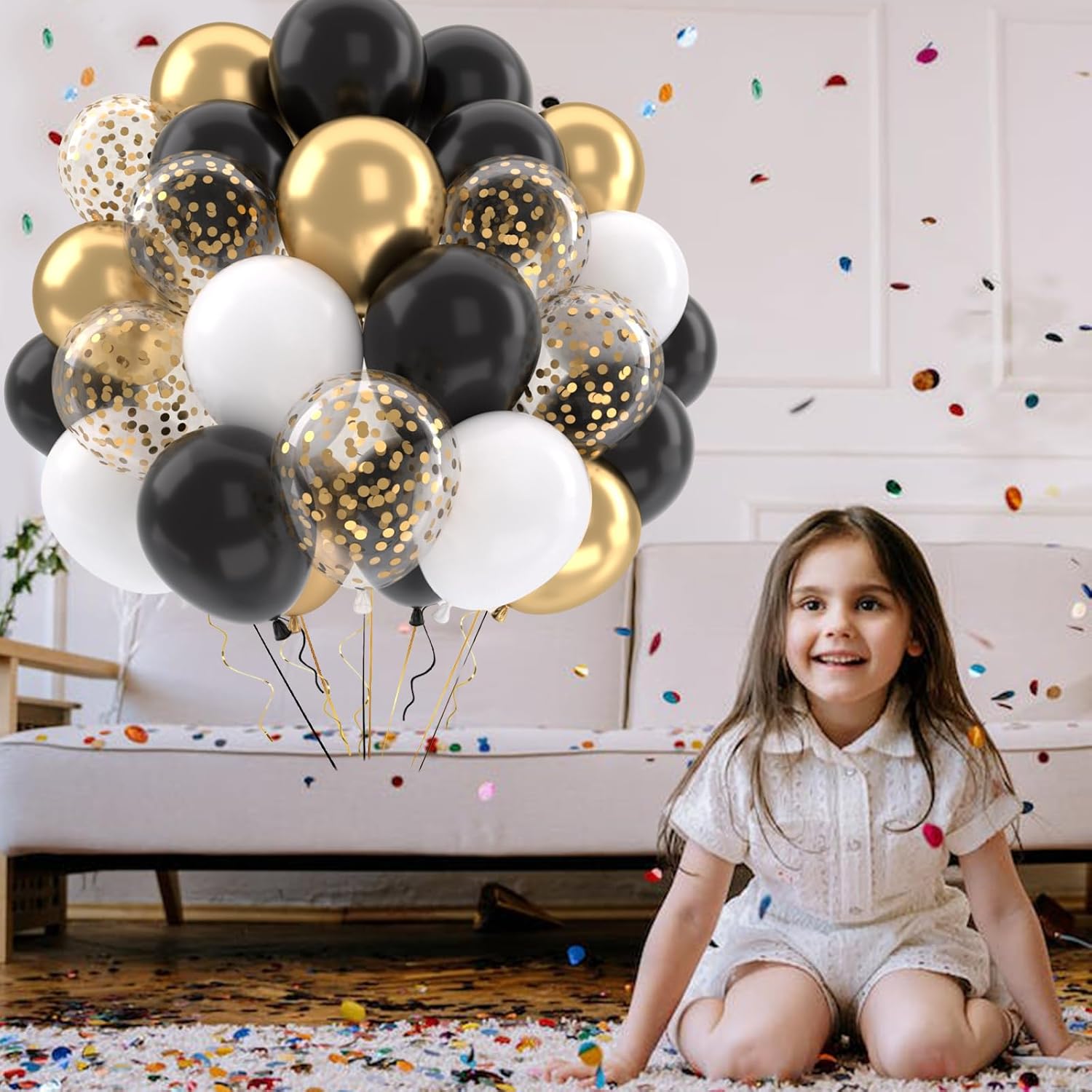 Patimate Black Gold Confetti Balloons Set 50Pcs