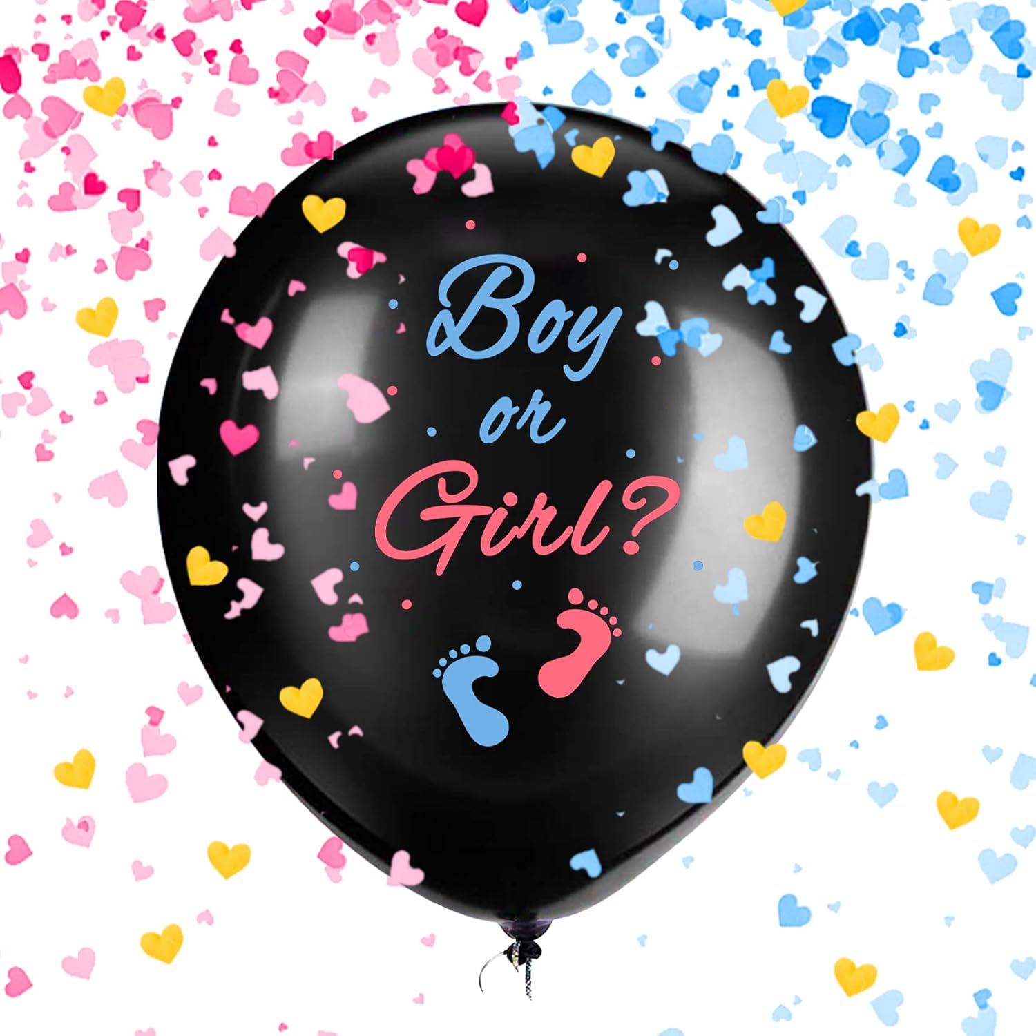 Gender Reveal Balloons 36 Inch Black with Pink and Blue Heart-Shaped Confetti