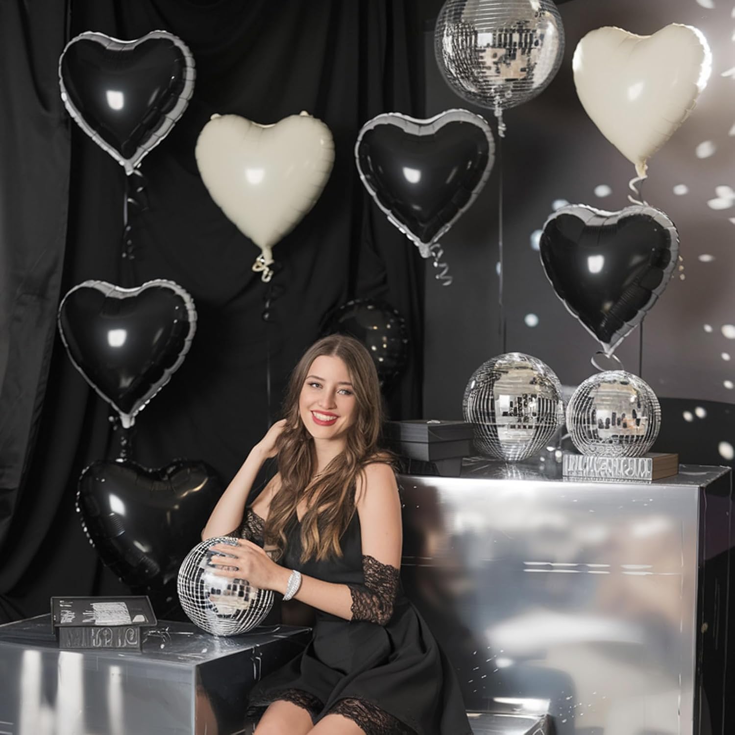 Vibzox Black White Heart Balloons 12PCS 18 Inch Foil Balloons