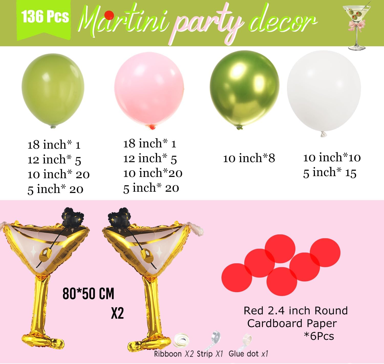 Martini Birthday Balloon Garland Kit 136Pcs Olive Green Pink White with Metallic Lime