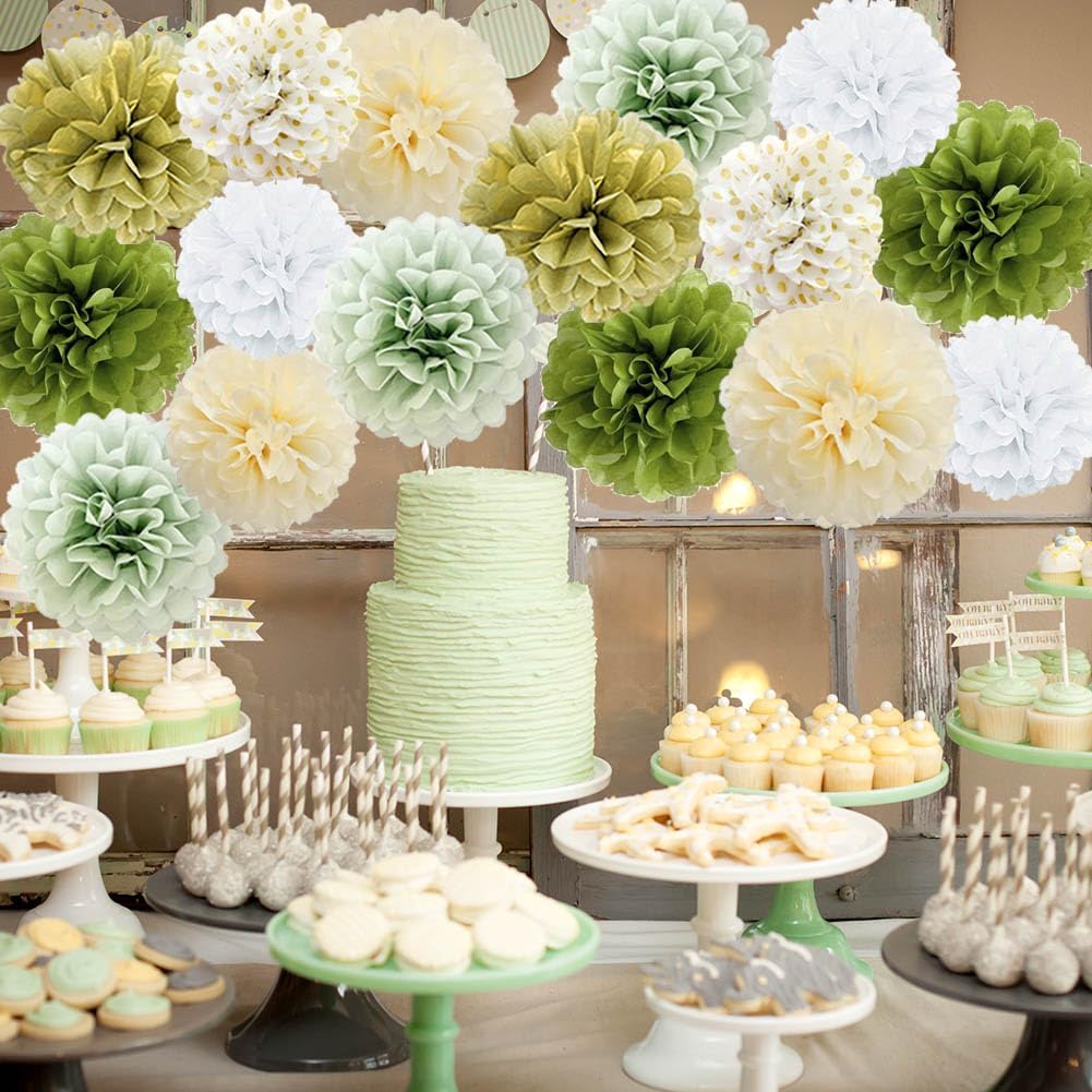 Sage Green Gold White Tissue Pom Poms Party Decor Kit