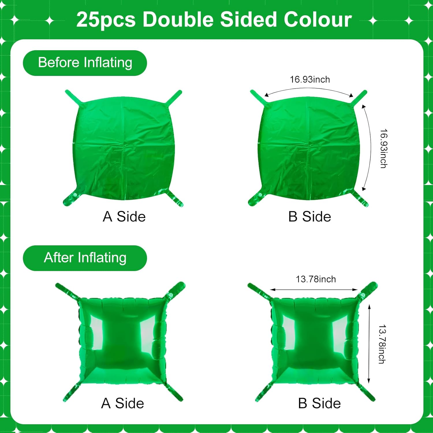 Green Square Foil Balloons 25 Pcs Double Sided Wall Decor